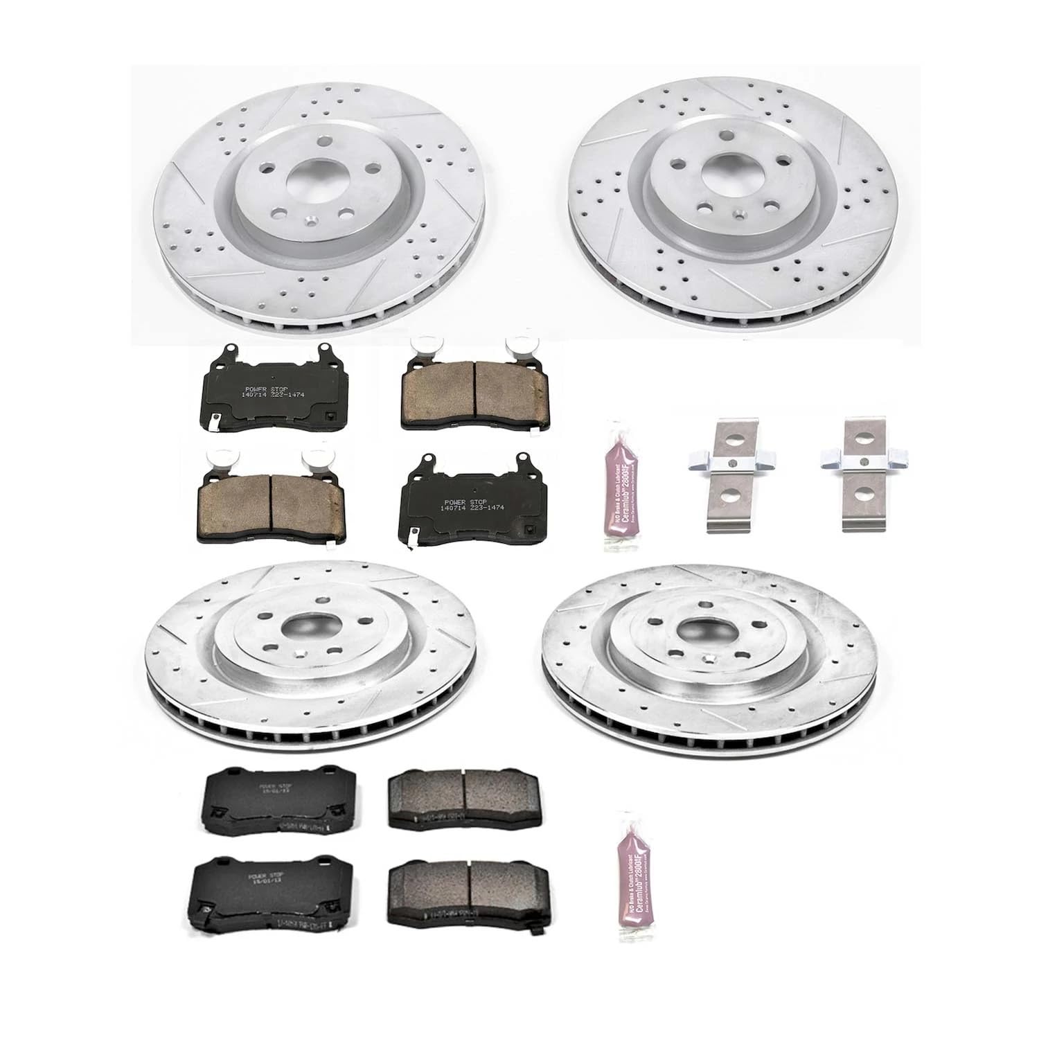 Power Stop K5603 Z23 Carbon Fiber Brake Pads Front and Rear with Drilled and Slotted Brake Rotors Kit For 2010 2011 2012 2013 2014 2015 Chevy Camaro 6.2L SS