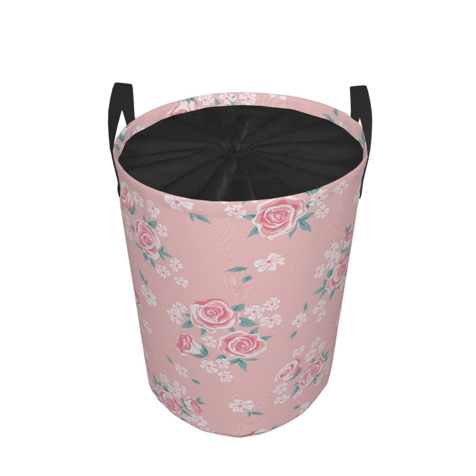 Romantic Shabby Chic Style Large Storage Baskets Inspired Flowers With Little Roses Lilacs Artwork1,Drawstring Waterproof Round Collapsible Laundry Hamper for Dirty Clothes Toy Home Office 19"X14"