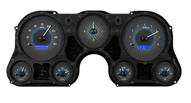 Dakota Digital VHX-67C-PA-C-B Analog Gauge System Compatible with 1967-72 Chevy Pickup Truck with Analog Clock Carbon Fiber Style Blue Backlighting