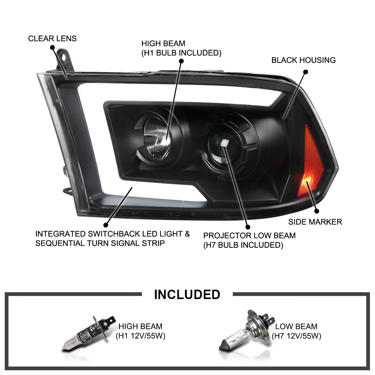 Black SPEC-D TUNING Projector Headlights Sequential Switchback LED Signal Compatible with 2009-18 Dodge RAM 1500/2500/3500, 2019-24 Dodge RAM 1500 Left + Right Pair Headlamps Assembly