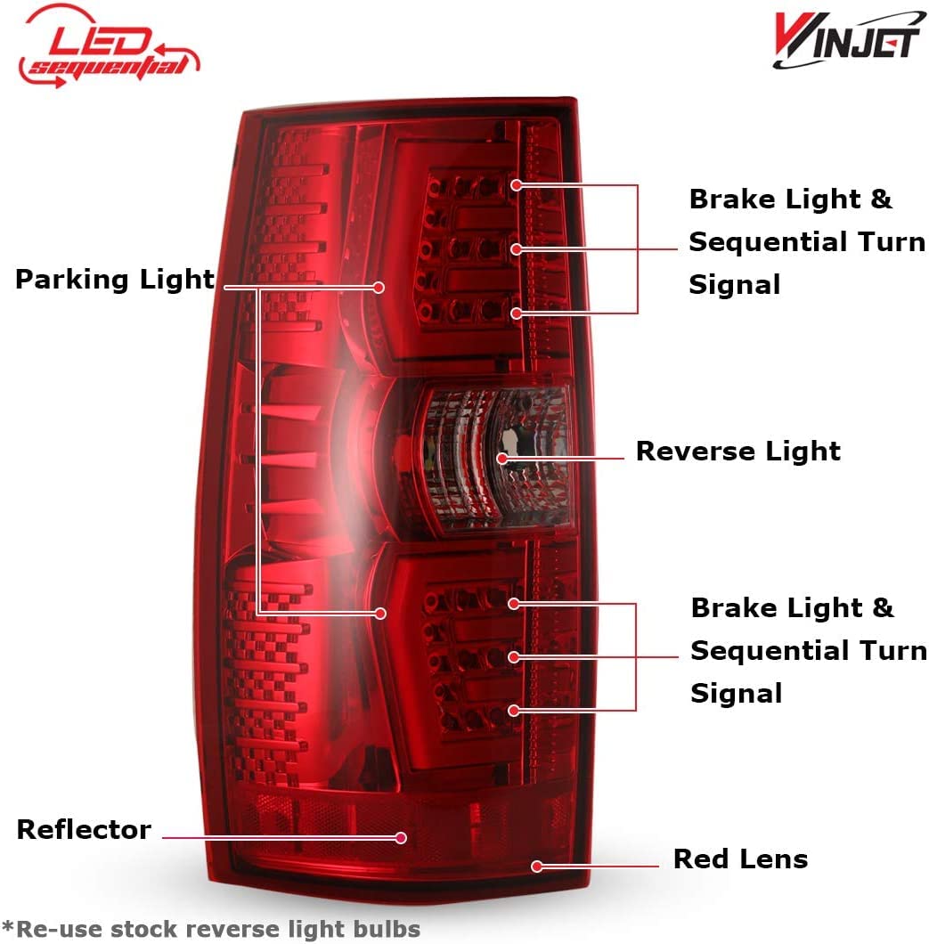 Winjet LED Sequential Tail Lights Compatible with [2007-2013 Chevy Suburban Tahoe Yukon] Rear Lamps (Red)
