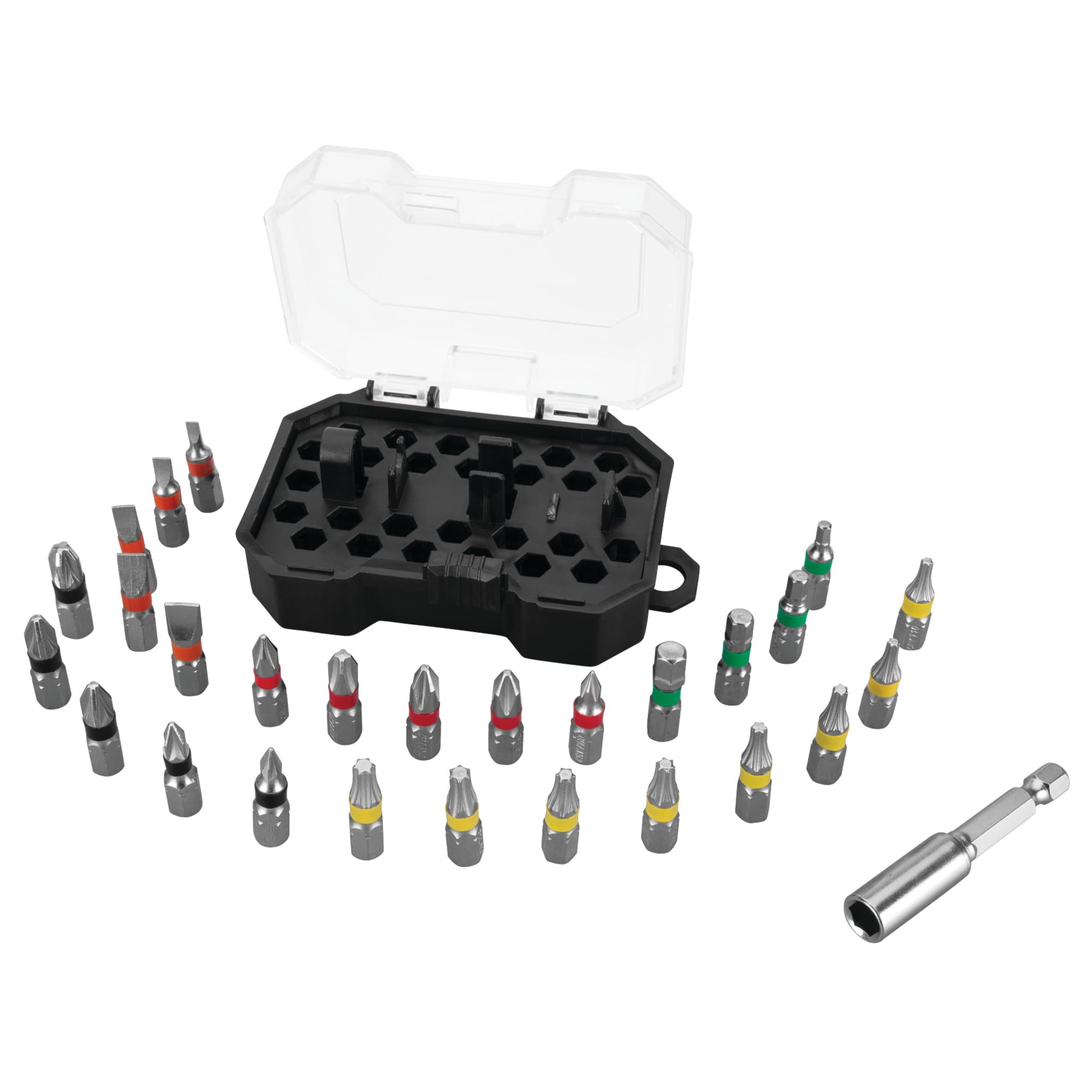28 pc. Performance Tool Magnetic Bit Set in Mini Case, Color Coded Banding, Chrome Vanadium, Peg-Hook Hanger Tab for Storage, with 2-3/8-in Bit Holder, Phillips, Slotted, Pozi, Star, Hex