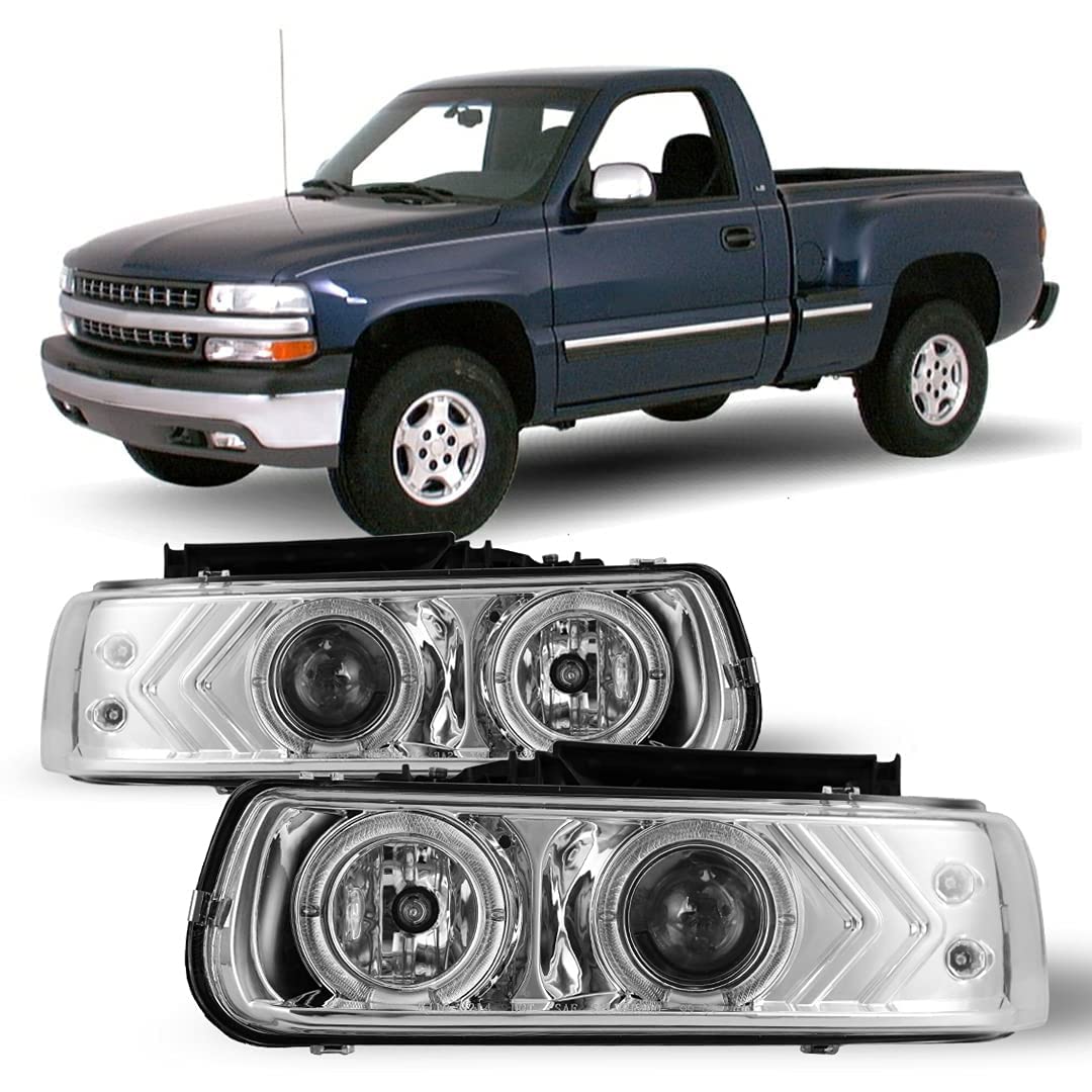 Winjet LED DRL Halo Projector Headlights Compatible with [1999-2002 Silverado] [2000 2001 2002 2003 2004 2005 2006 Suburban/Tahoe]