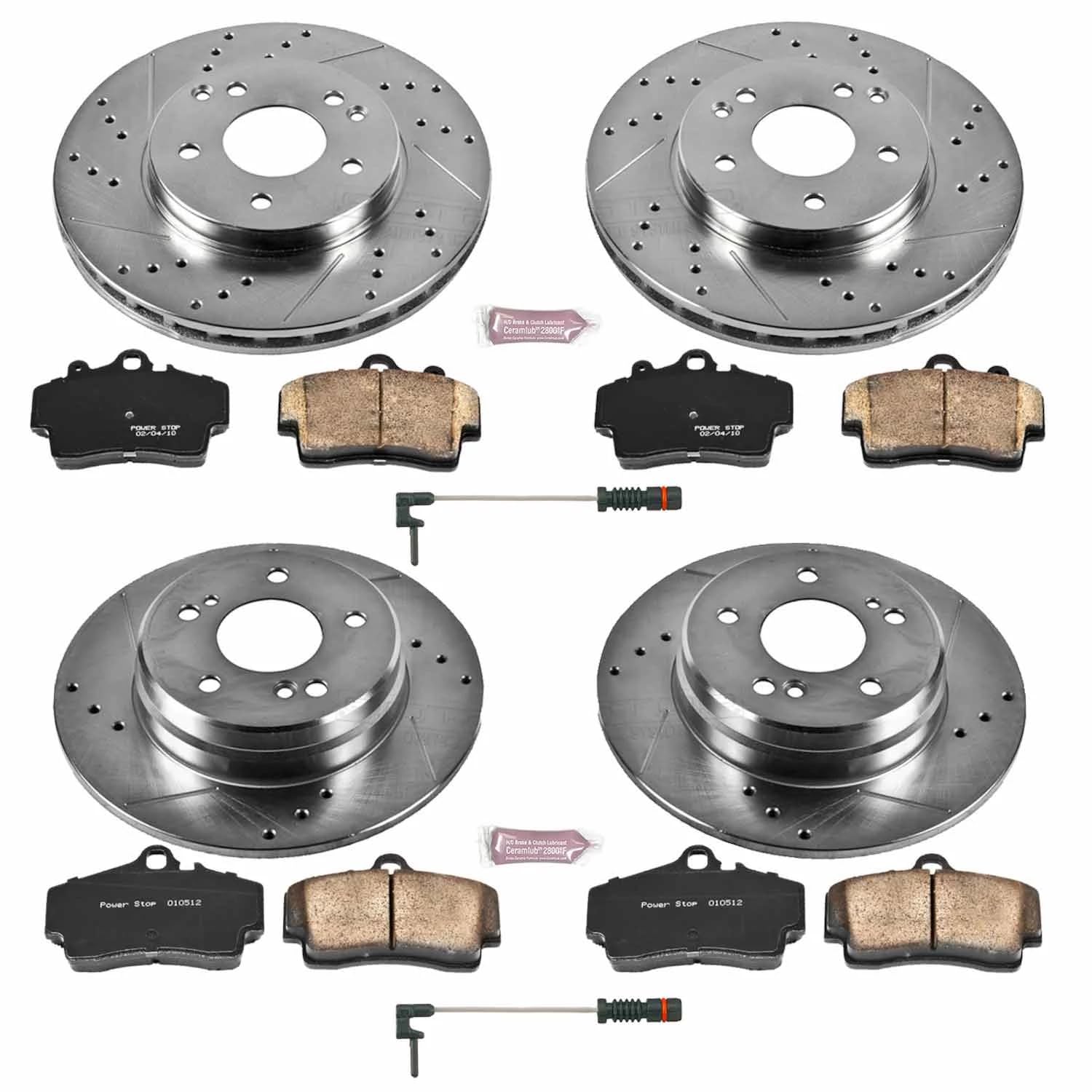 Power Stop K4417 Z23 Carbon Fiber Brake Pads Front and Rear with Drilled & Slotted Brake Rotors Kit and 2 Front Sensor Wires For C230, C280, E300, SLK230 [Model Specific]