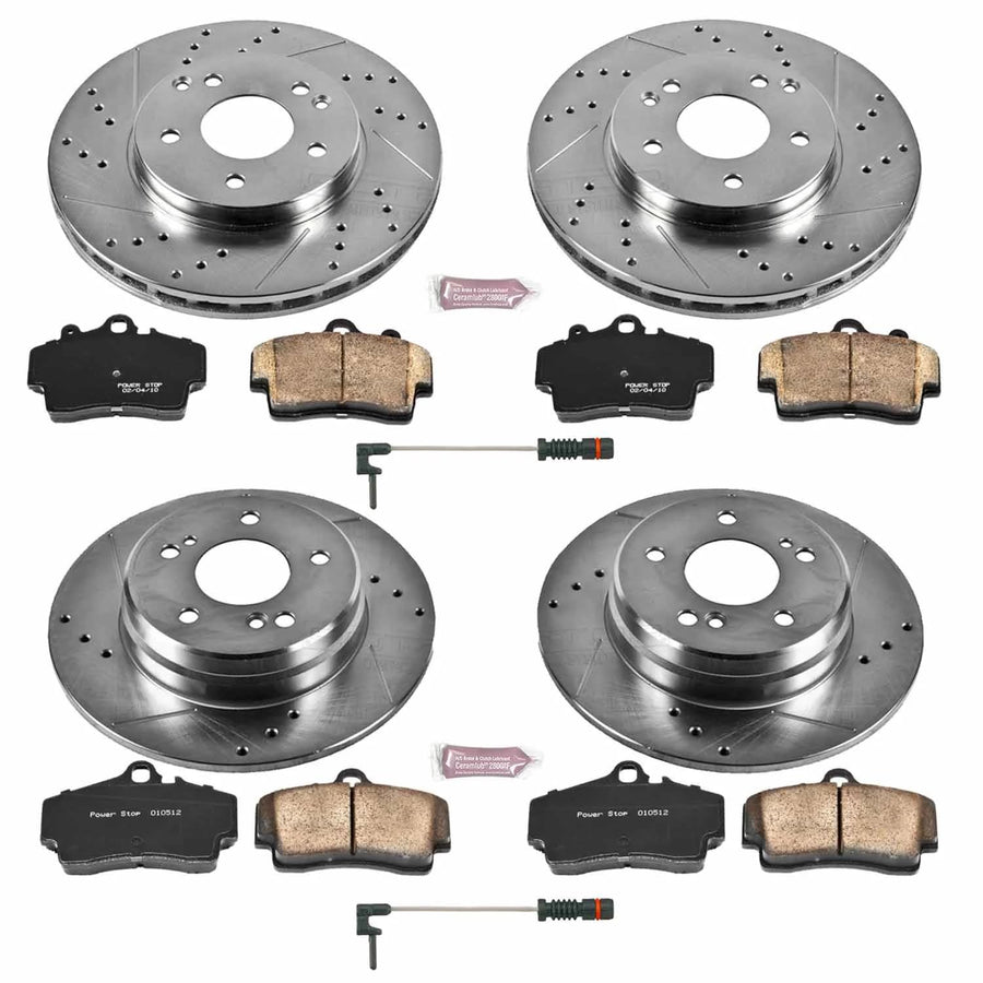 Power Stop K4417 Z23 Carbon Fiber Brake Pads Front and Rear with Drilled & Slotted Brake Rotors Kit and 2 Front Sensor Wires For C230, C280, E300, SLK230 [Model Specific]