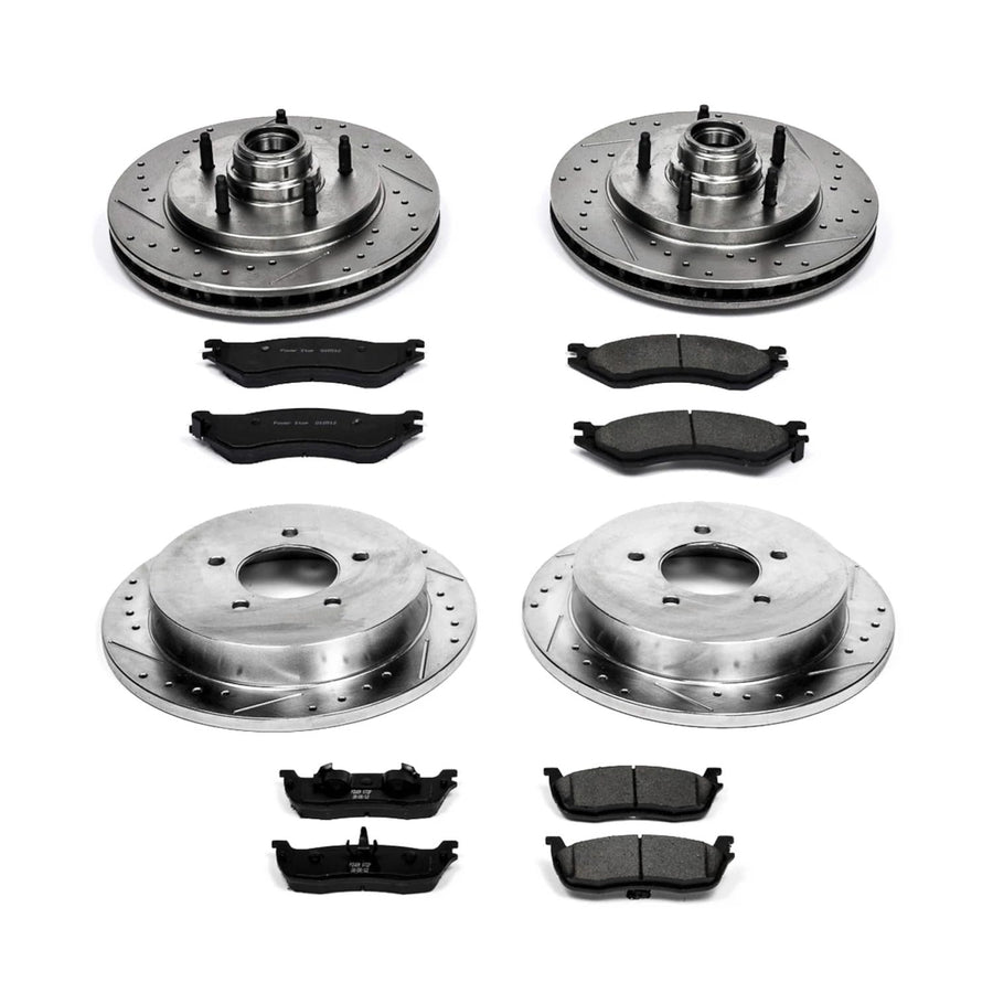 Power Stop K1881 Z23 Carbon Fiber Brake Pads Front and Rear with Drilled & Slotted Brake Rotors Kit For Ford F-150 1999-2000 [Model Specific]
