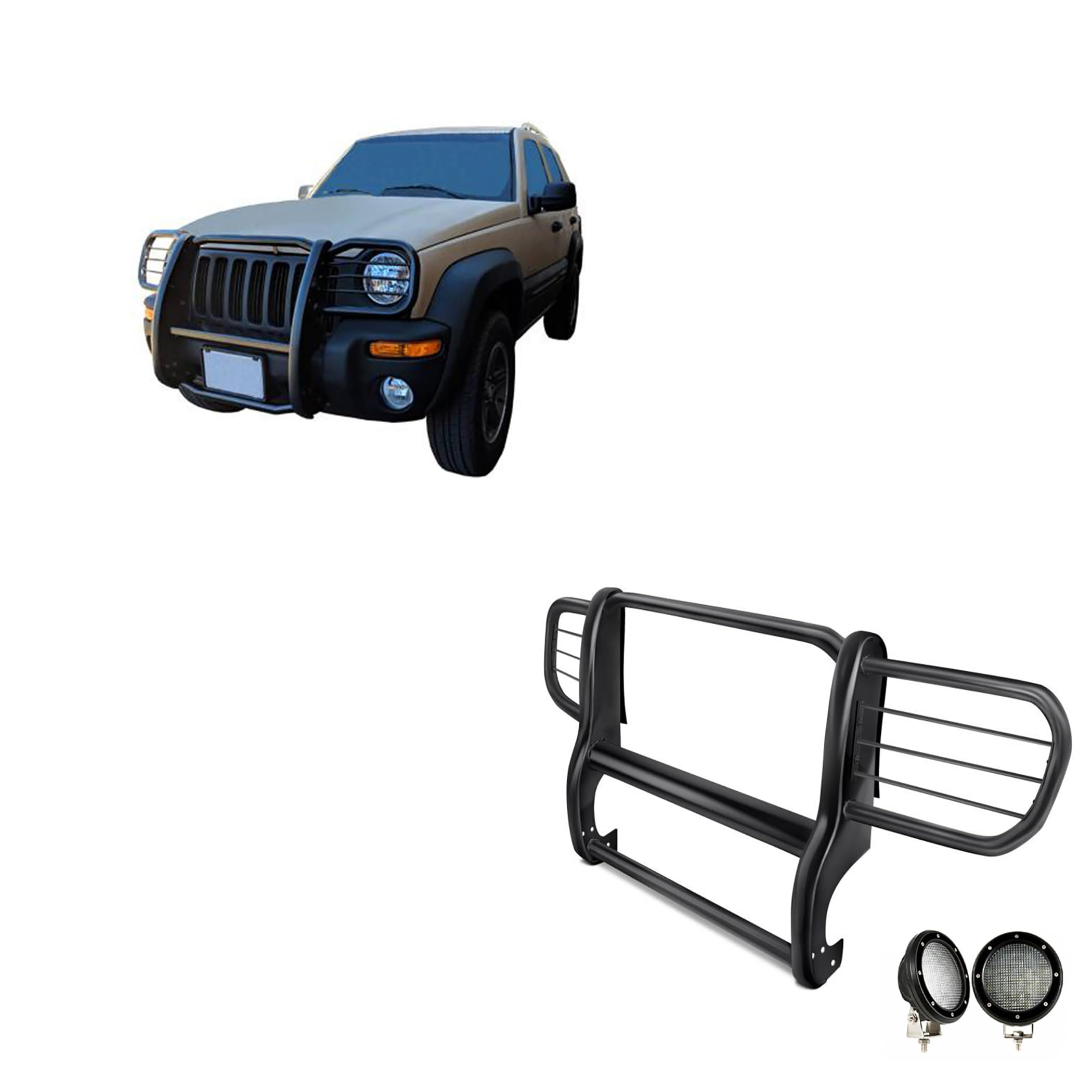 Grille Brush Black Horse Bumper Guard Modular Black Come with Pair of 5.3" Dia.LED Lights with Black Trim Rings Compatible with 2002-2007 Jeep Liberty-17EH26MA-PLFB