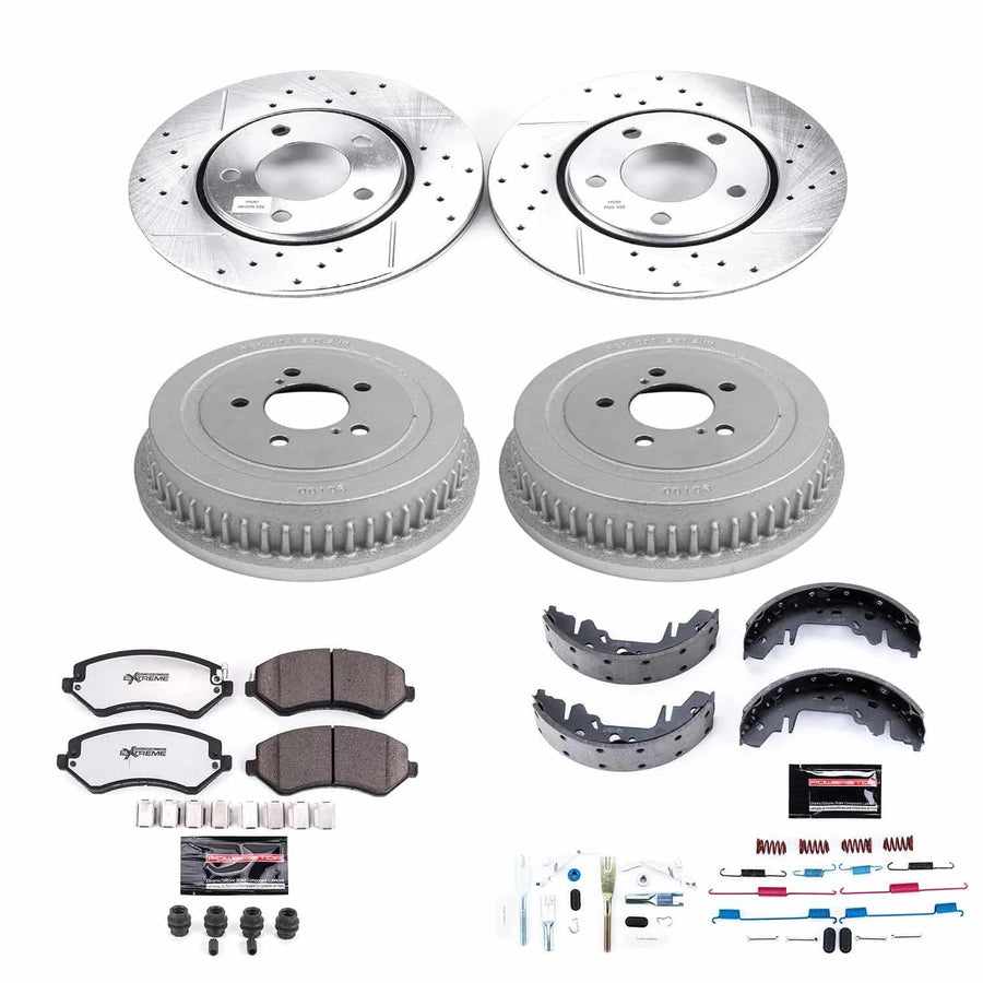 Power Stop Brake Kit Front and Rear For 2003 2004 2005 2006 2007 Chrysler Town & Country - Truck & Tow Carbon Fiber Ceramic Pads, Drums, & Drilled and Slotted Rotors Replacement, K15013DK-36
