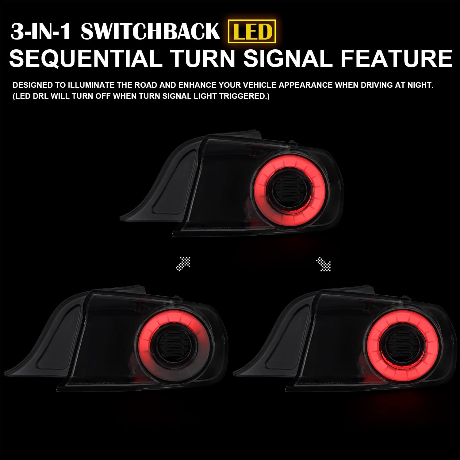 Glossy Black Smoke SPEC-D TUNING LED Sequential Signal Tail Lights Compatible with 2015-2022 Ford Mustang, Left + Right Pair Assembly