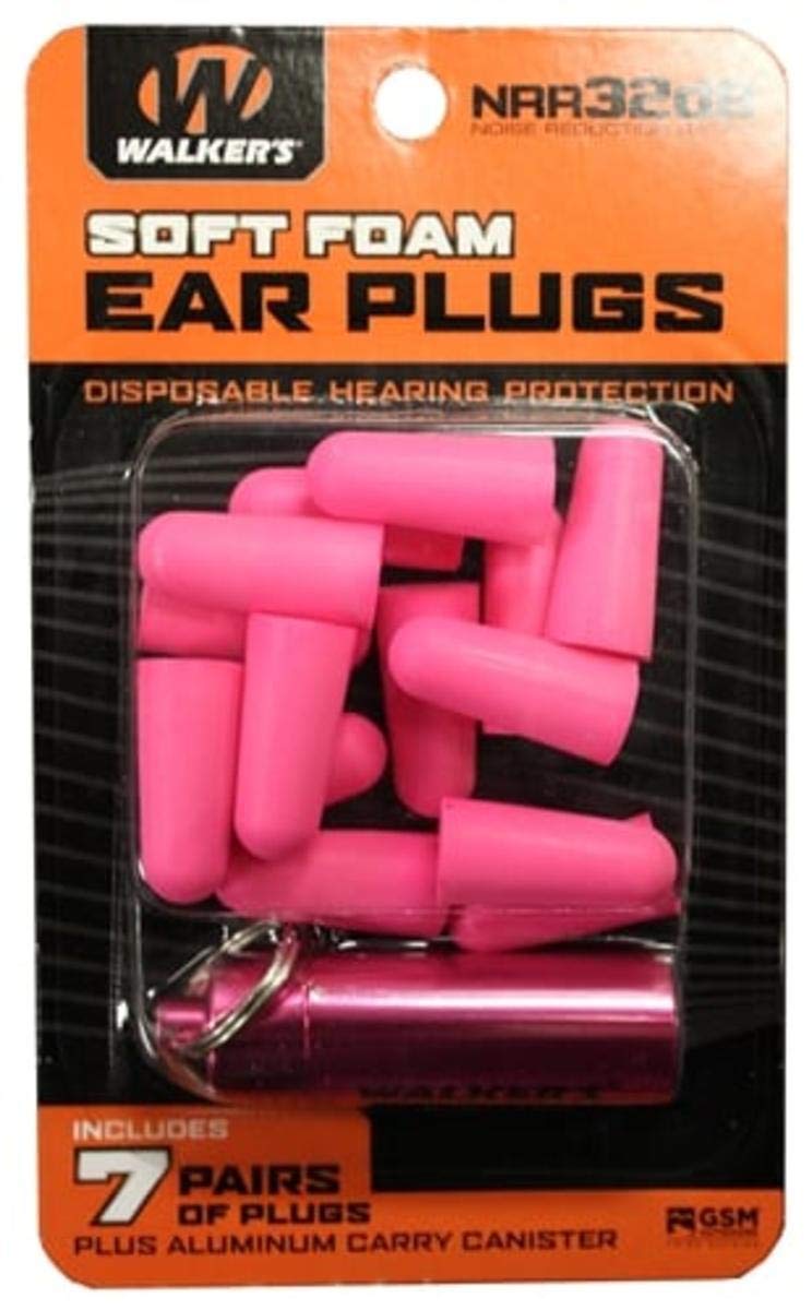 7 Pairs Walker's Neon Pink Foam Ear Plugs with Black Aluminum Canister
