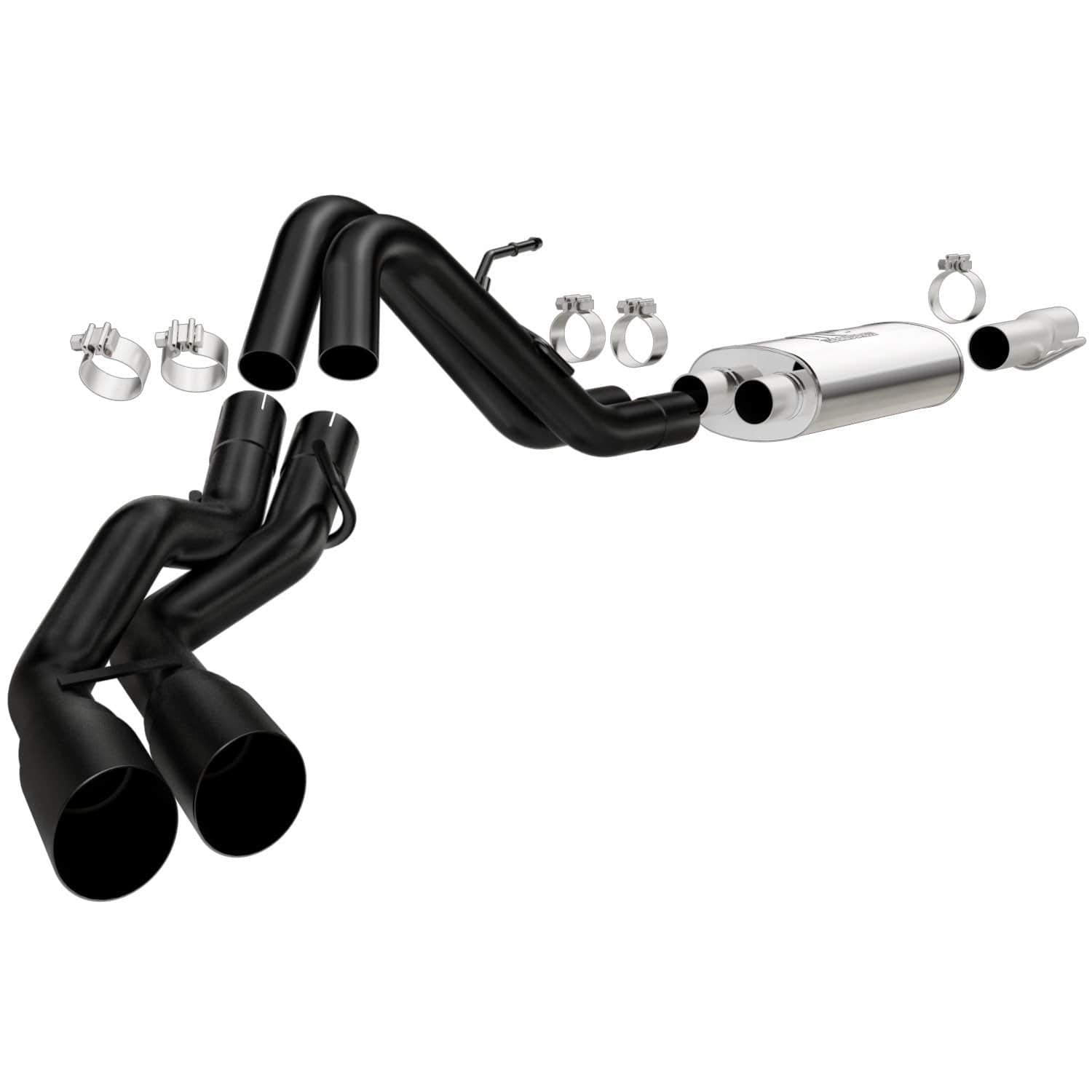 Cat-Back MagnaFlow Performance Exhaust System 15366 - Street Series, Stainless Steel 3in Main Piping, Dual Same Side Behind Passenger Rear Tire Exit, Black Coated 4in Exhaust Tip - F-150 Exhaust Kit
