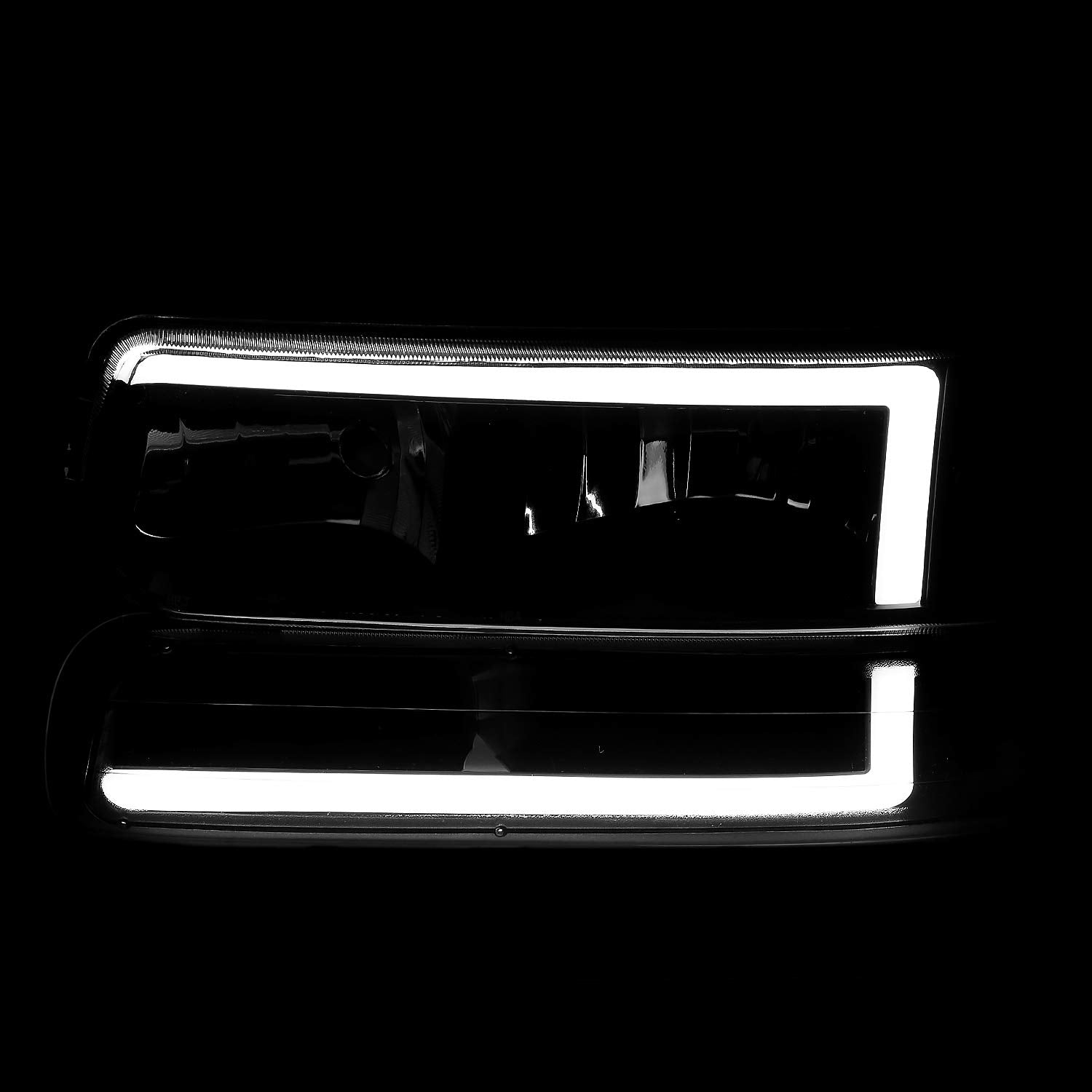 Spec-D Tuning LED Bar Clear Lens Black Housing Headlights + Bumper Lights 4PC Clear Reflector Compatible with Chevy Silverado 1999-2002, 00-06 Tahoe Suburban, L+R Pair Assembly
