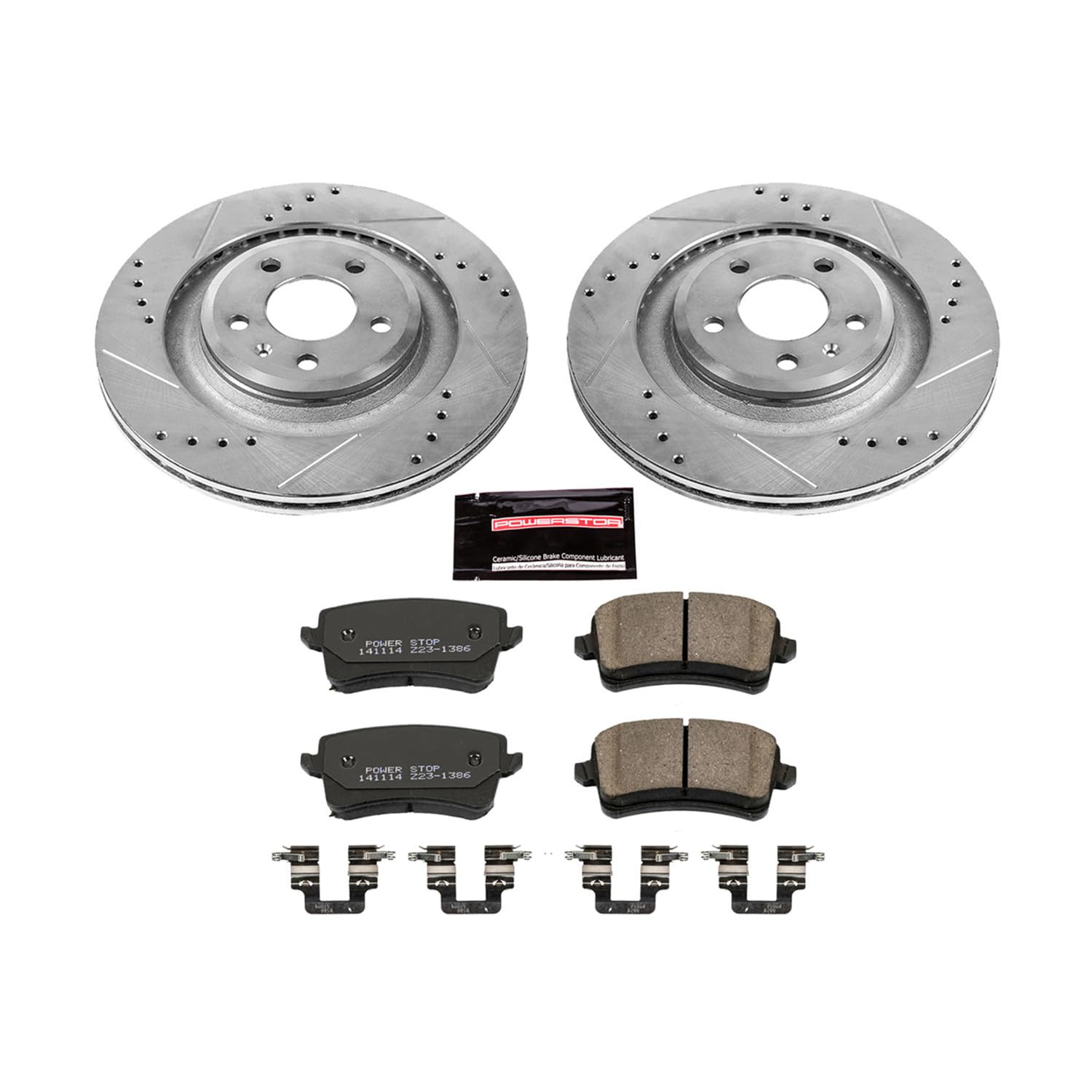 Power Stop K4746 Z23 Carbon Fiber Brake Pads Rear with Drilled & Slotted Brake Rotors Kit For Audi S4 2010-2011, Audi S5 2008-2011 [Model Specific]