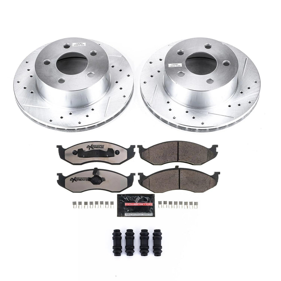 Power Stop Brake Kit Front For 1990 1991 1992 1993 1994 1995 1996 1997 1998 1999 Jeep Cherokee - Truck & Tow Carbon Fiber Ceramic Pads & Drilled and Slotted Rotors Replacement, K2119-36