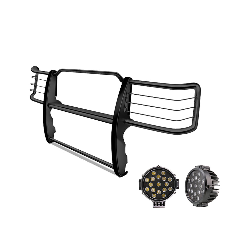 Grille Brush Black Horse Bumper Guard Modular Black Come with Pair of 7.0" Dia.LED Lights with Black Trim Rings Compatible with 2015-2019 Silverado 2500 HD|2015-2019 Silverado 3500 HD-17GT28MA-PLB
