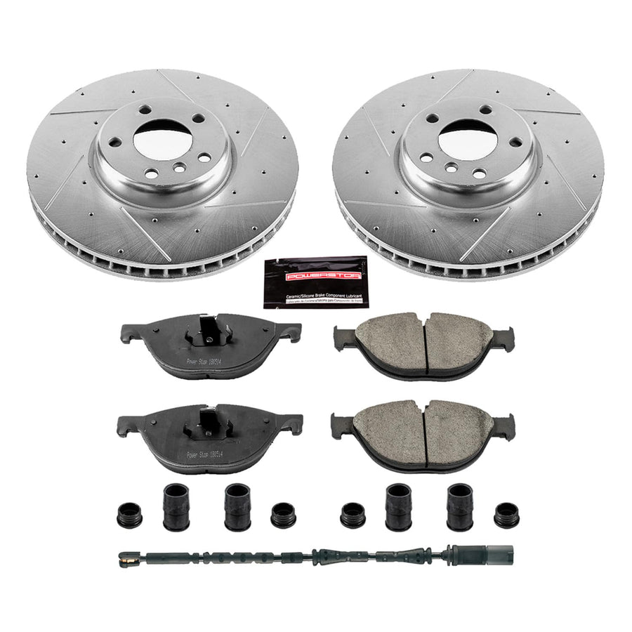 Power Stop K6026 Z23 Carbon Fiber Brake Pads with Drilled & Slotted Brake Rotors Kit and 1 Front Sensor Wire