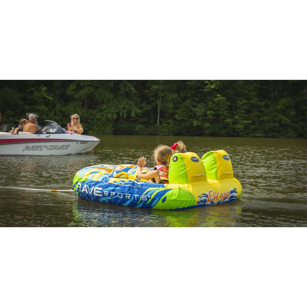Rave Sports Boat Towable Tube Escape for 1-2 Riders, Heavy-Duty Durable Construction for Pulling Behind Boat, Unique Seats for Secure Ride