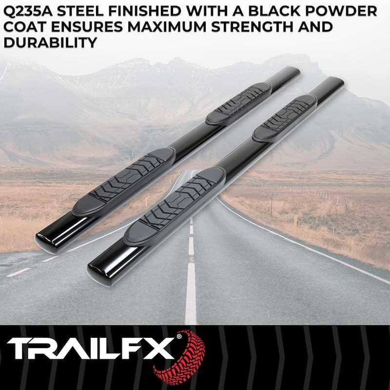 Straight TrailFX A7048B Nerf Bars Fits Chevrolet Colorado Crew Cab 2015-2026 Oval 5 Inch with Step Pads & Bed Step Black Powder Coated Steel, Welded End Caps, Rocker Panel Mount