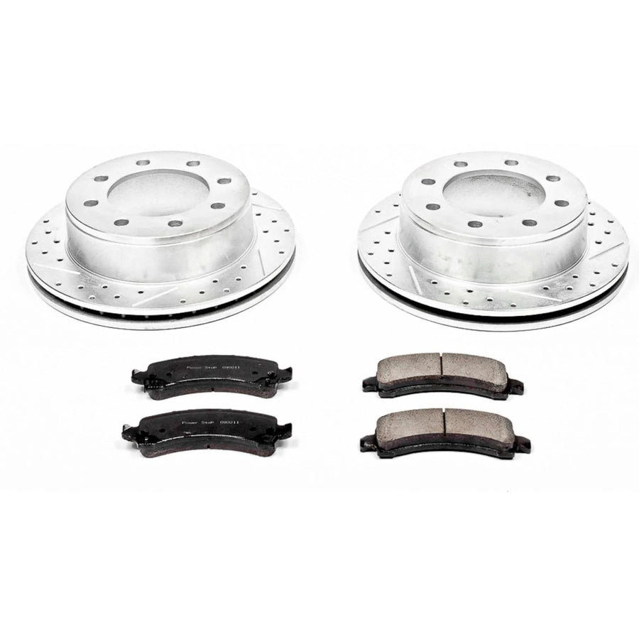 Power Stop K2043 Rear Brake Pads Z23 Carbon Fiber with Drilled & Slotted Brake Rotors Kit For Chevrolet Express 2500, Chevrolet Express 3500, GMC Savana 2500, GMC Savana 3500 [Model Specific]