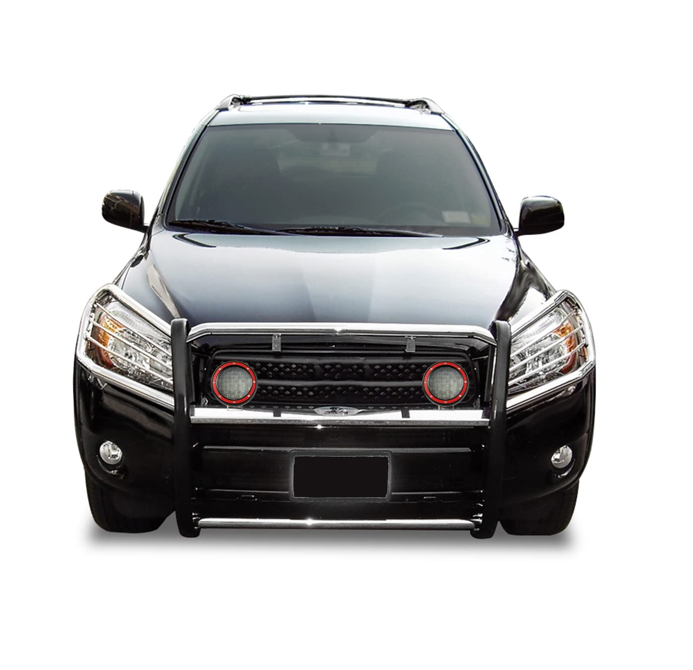 Bumper Guard Black Horse Grille brush Modular Stainless Steel Come With Pair of 5.3" Dia.LED Lights with Red Trim Rings Compatible with 2006-2018 Toyota RAV4-17A093902MSS-PLFR