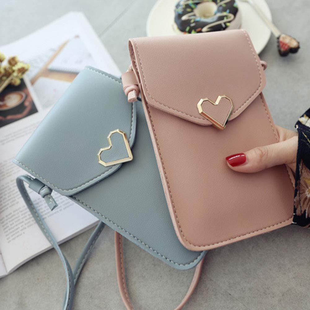 Kathleen0 Handbag Women PU Leather Daily Small rossbody Mobile Phone Gift Touch Screen Outdoor Heart-Shaped Decorative onvenient Transparent(Light Grey)