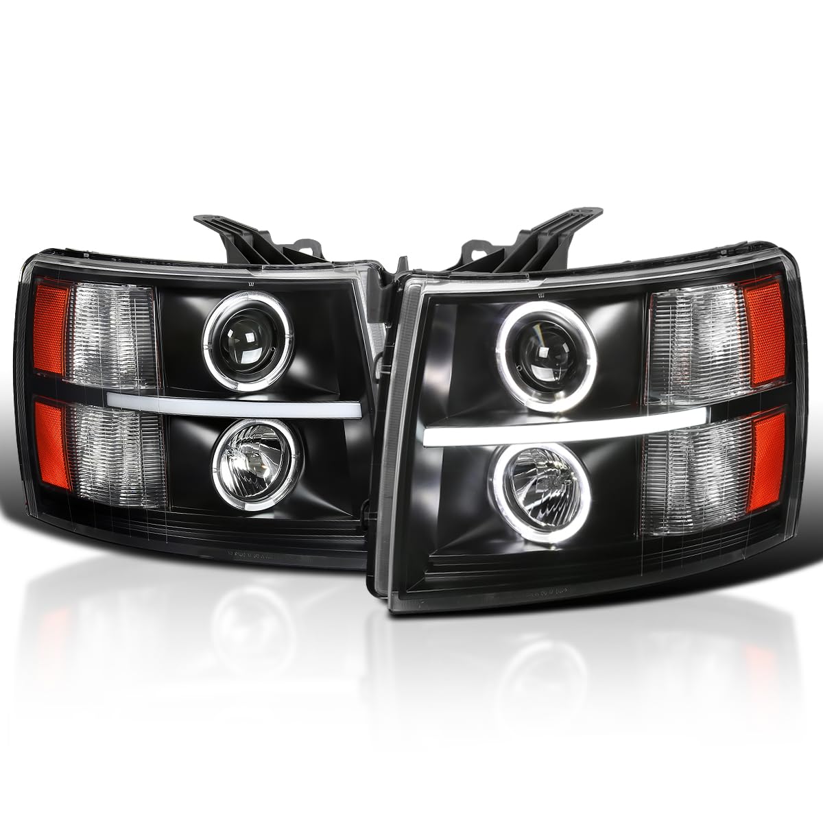 Black LED Dual Halo Projector Headlights SPEC-D TUNING Compatible with 2007-2013 Chevy Silverado 1500, 2007-2014 Silverado 2500 3500, Left + Right Pair Headlamps Assembly