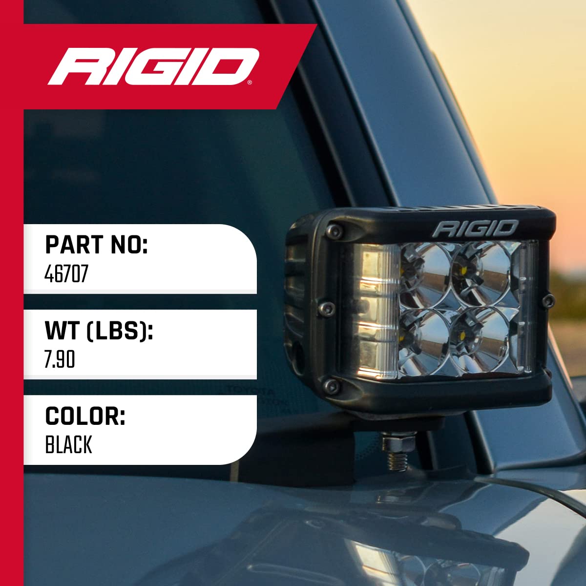 A-Pillar Light Kit RIGID INDUSTRIES, 2016-2020 Toyota Tacoma, D-SS Flood Lights (2 A-Pillar Mounting Brackets, 2 D-SS Pro Series Flood Lights, 2 Black & 2 Amber Light Covers, 1 Wiring Harness)