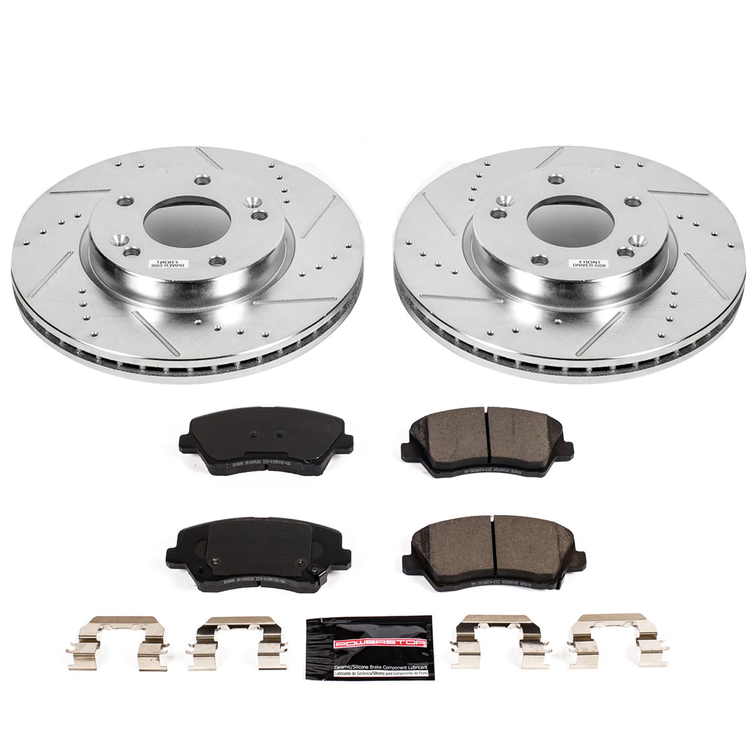 Power Stop K7672 Z23 Carbon Fiber Brake Pads with Drilled & Slotted Brake Rotors Kit For Hyundai Veloster, Kia Forte, Kia Forte5 [Model Specific]