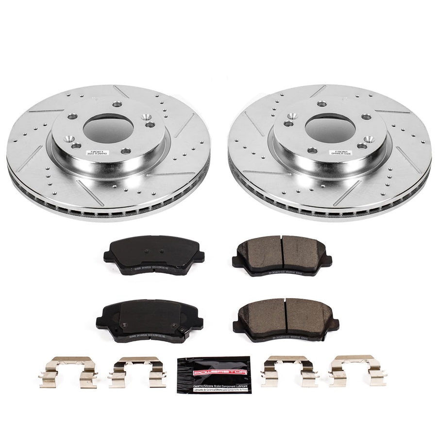 Power Stop K7672 Z23 Carbon Fiber Brake Pads with Drilled & Slotted Brake Rotors Kit For Hyundai Veloster, Kia Forte, Kia Forte5 [Model Specific]