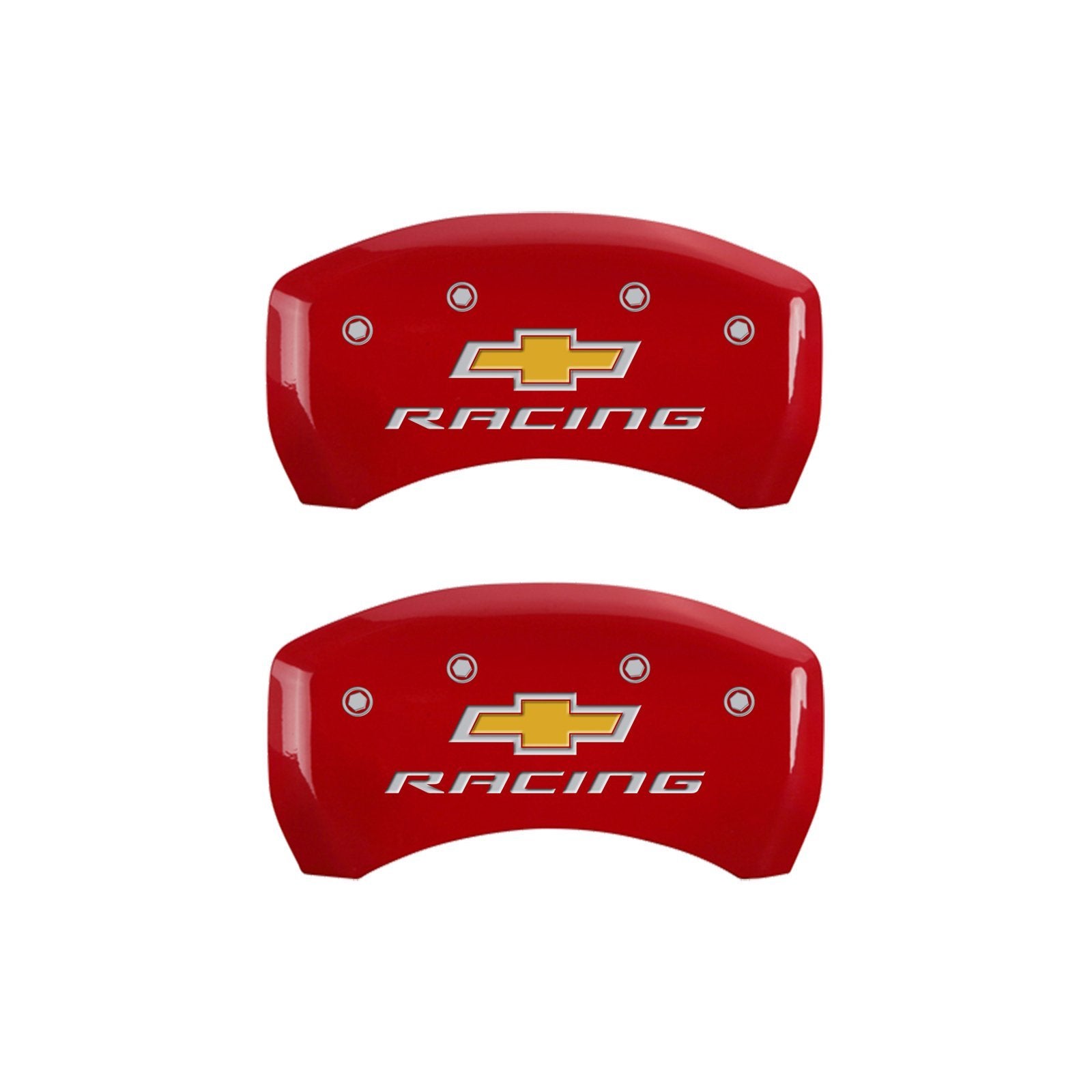 MGP Caliper Covers Red Powder Coat Finish 14231SBRCRD Front and Rear Caliper Cover, Set of 4 (Chevy racing Silver Characters, Engraved)