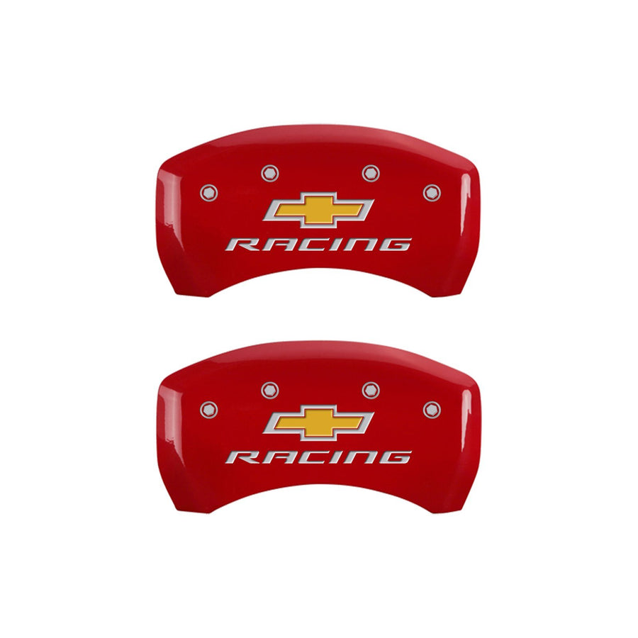 MGP Caliper Covers Red Powder Coat Finish 14231SBRCRD Front and Rear Caliper Cover, Set of 4 (Chevy racing Silver Characters, Engraved)