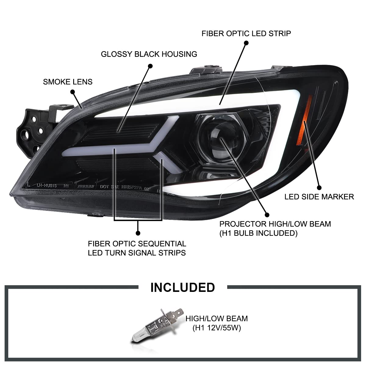 Smoke Projector Headlights SPEC-D TUNING w/Sequential LED Turn Signal Compatible with 2006-2007 Subaru Impreza WRX/STI Models Only, Left + Right Pair Headlamp Assembly