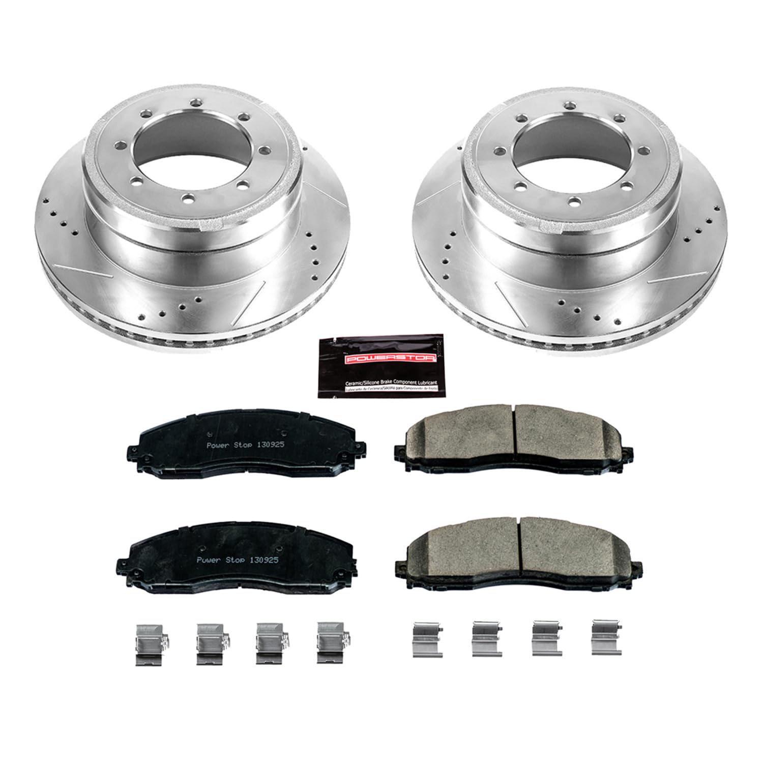 Rear Power Stop K6406 Z23 Carbon Fiber Brake Pads with Drilled & Slotted Brake Rotors Kit For Ford F-350 Super Duty 2013-2022 | Ford F-450 Super Duty 2013-2016 [Vehicle Specific]
