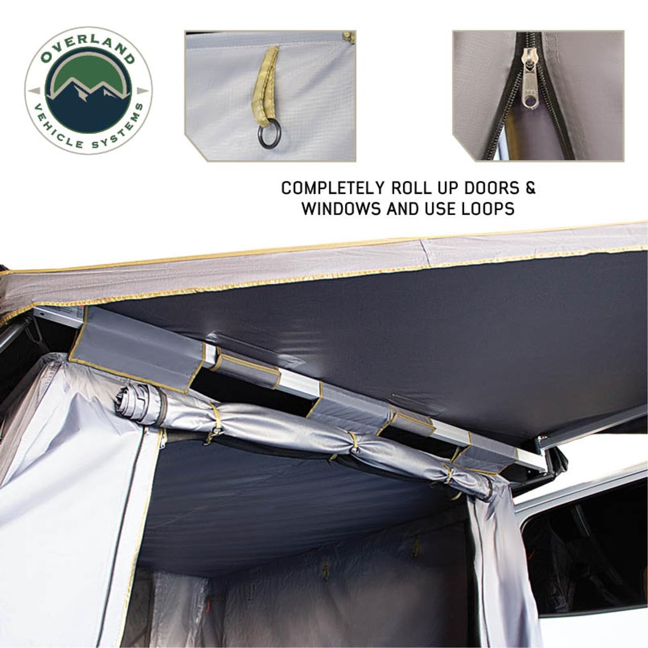 Overland Vehicle Systems Nomadic 270/180 Degree HD Awning Annex Room Enclosure – Grey Body with Green Trim – Heavy Duty Outdoor Shelter for Camping, Overlanding, SUVs & Trucks