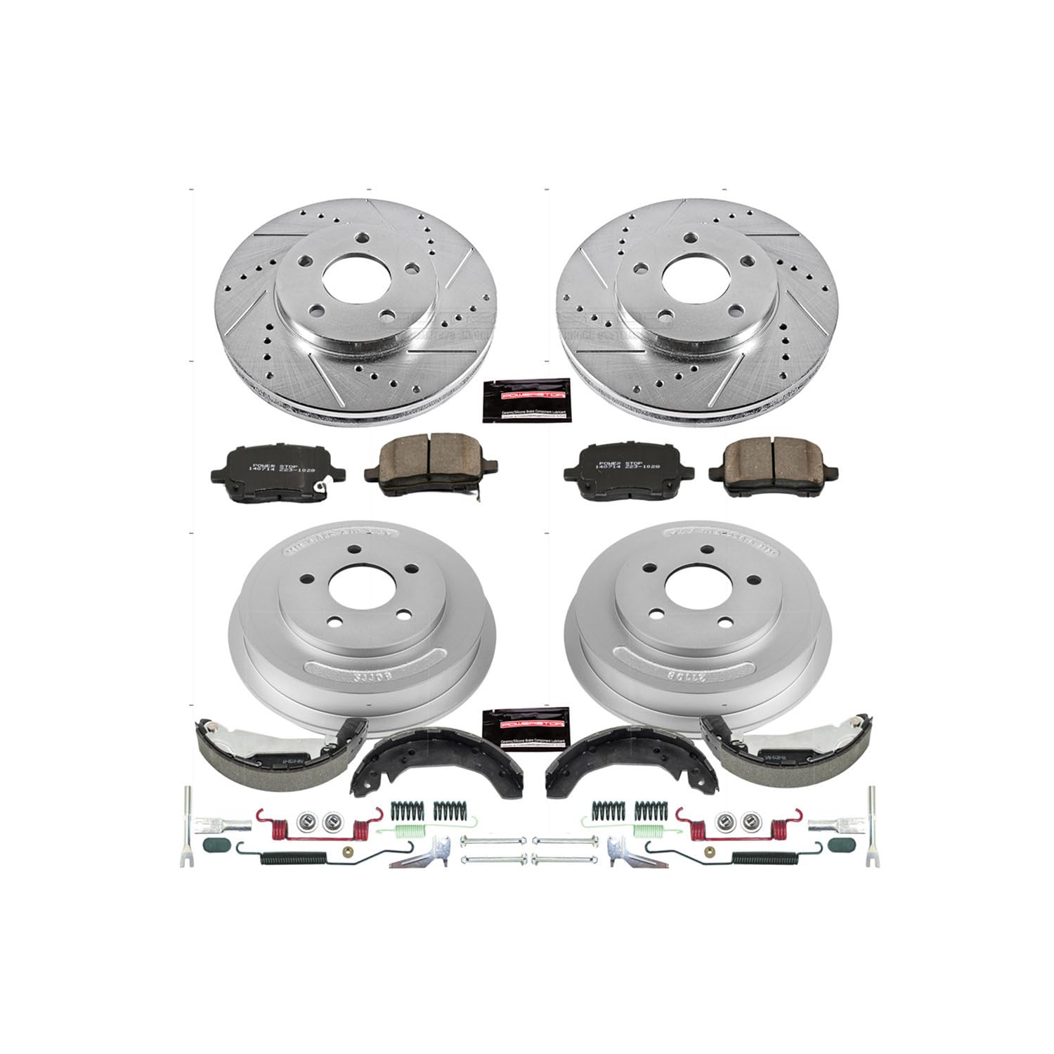 Power Stop K15225DK Z23 Carbon Fiber Brake Pads Front and Rear with Drilled & Slotted Brake Drums Kit For Chevrolet HHR 2009-2011 [Model Specific]