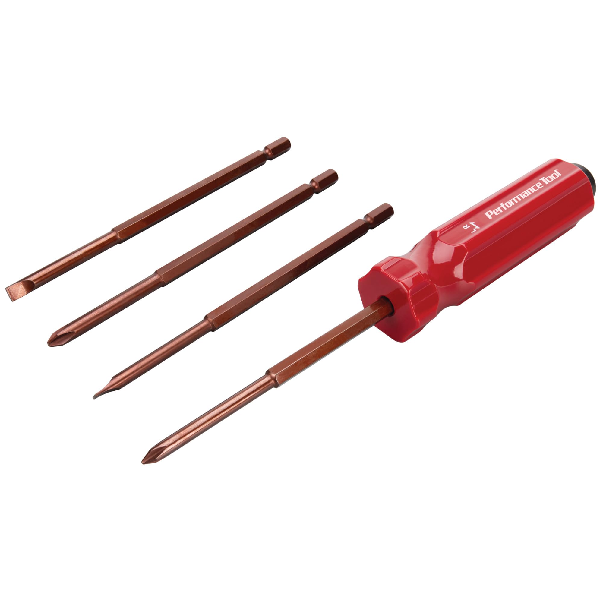 W2505 Performance Tool 5 Pc. Hammer Screwdriver Kit, Phillips and Slotted Bits, S2 Steel, Reversible, Red