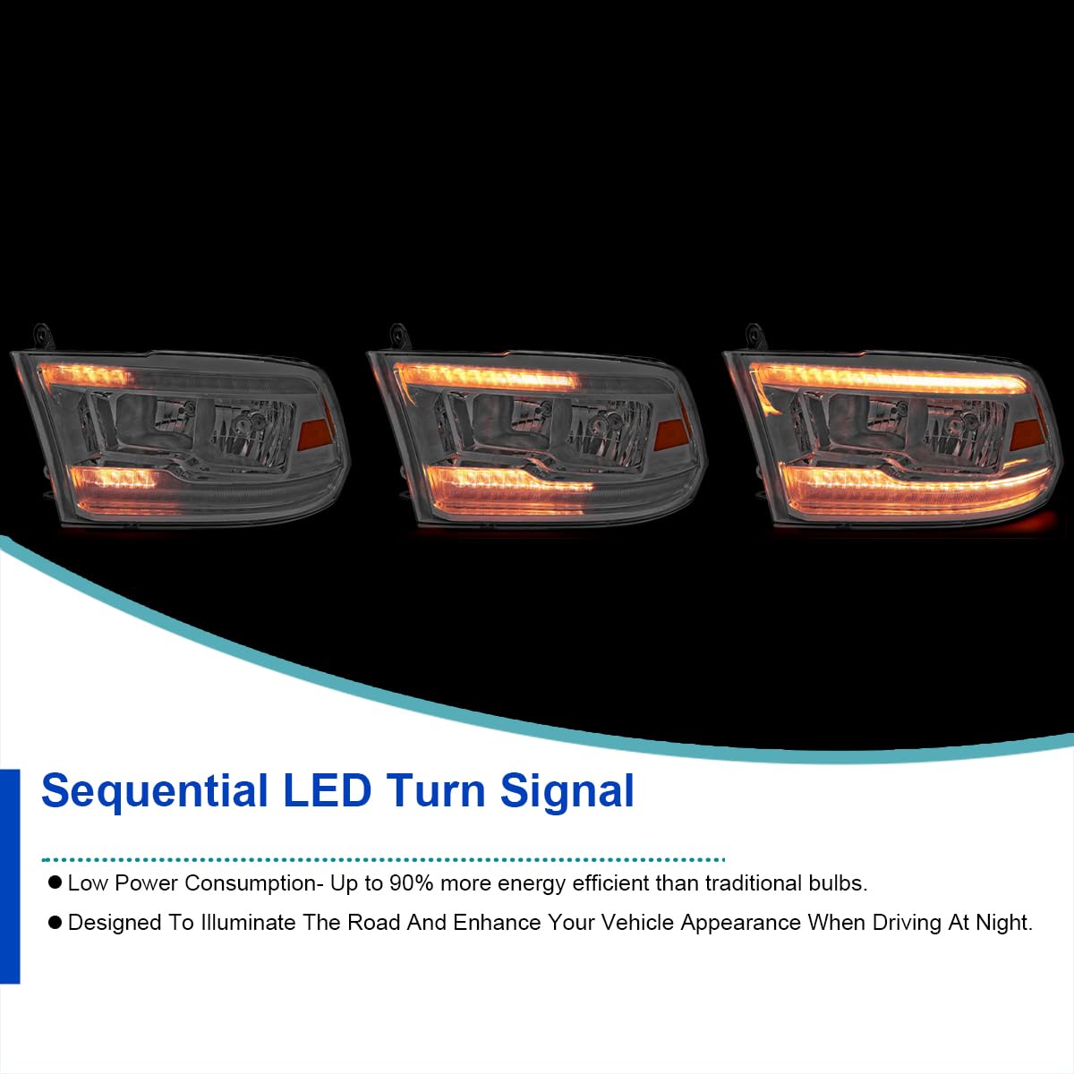 Switchback Sequential LED Signal Strip Headlights SPEC-D TUNING w/Startup Animation Compatible with 2009-2018 Dodge Ram 1500, 2010-2018 Ram 2500 3500, Left + Right Pair Headlamps Assembly