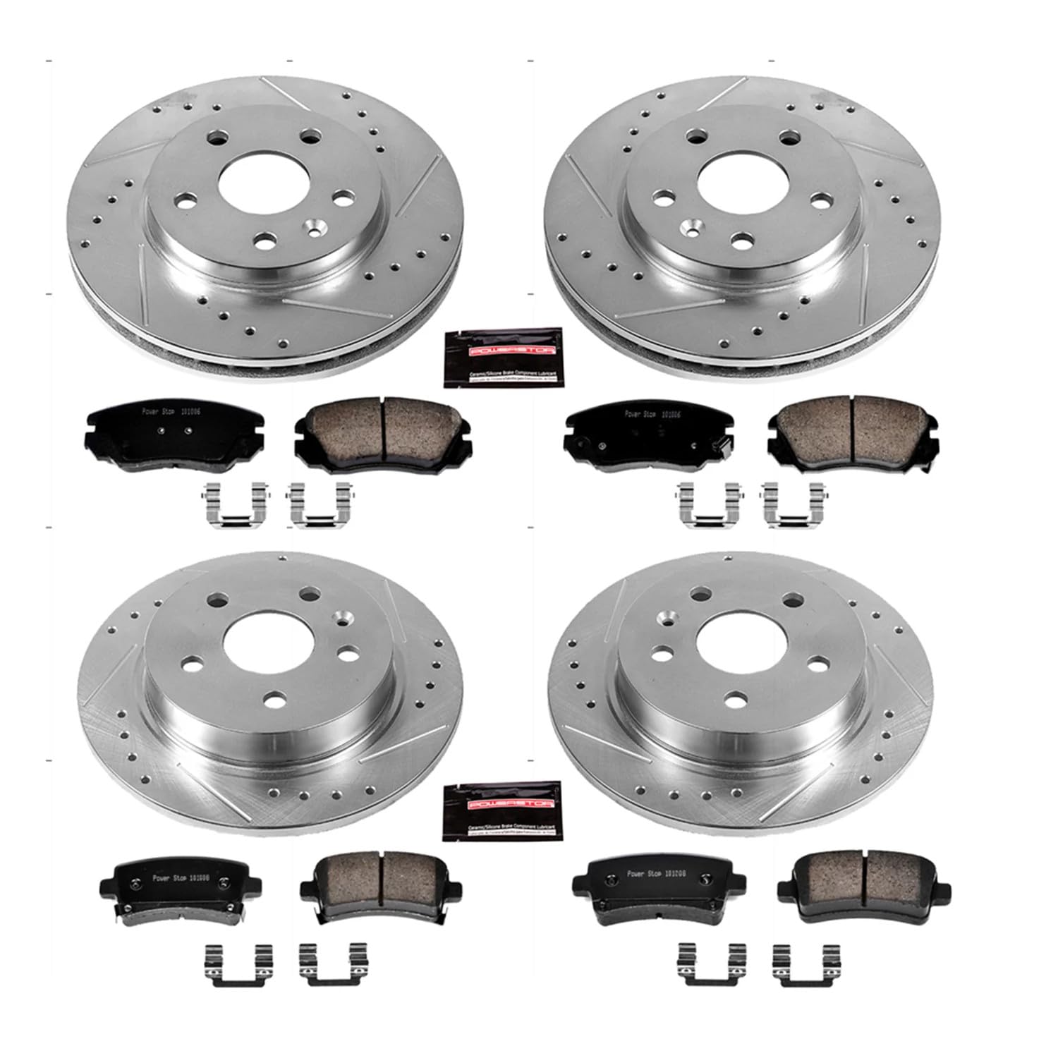 Power Stop K5523 Z23 Carbon Fiber Brake Pads Front and Rear with Drilled & Slotted Brake Rotors Kit For Buick LaCrosse, Buick Regal, Chevrolet Malibu, Chevrolet Malibu Limi, Saab 9-5 [Model Specific]