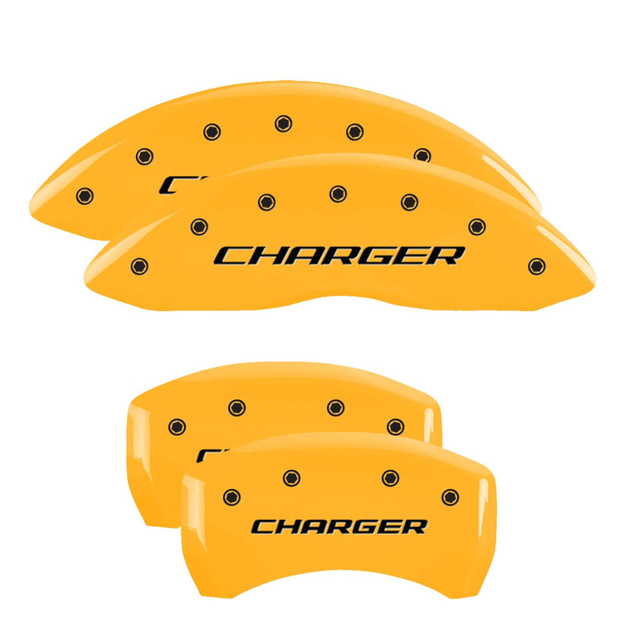 Caliper Covers MGP 12162SCHBYL Yellow (Set of 4, Engraved Front and Rear: Block/Charger; Dual Piston Front Calipers