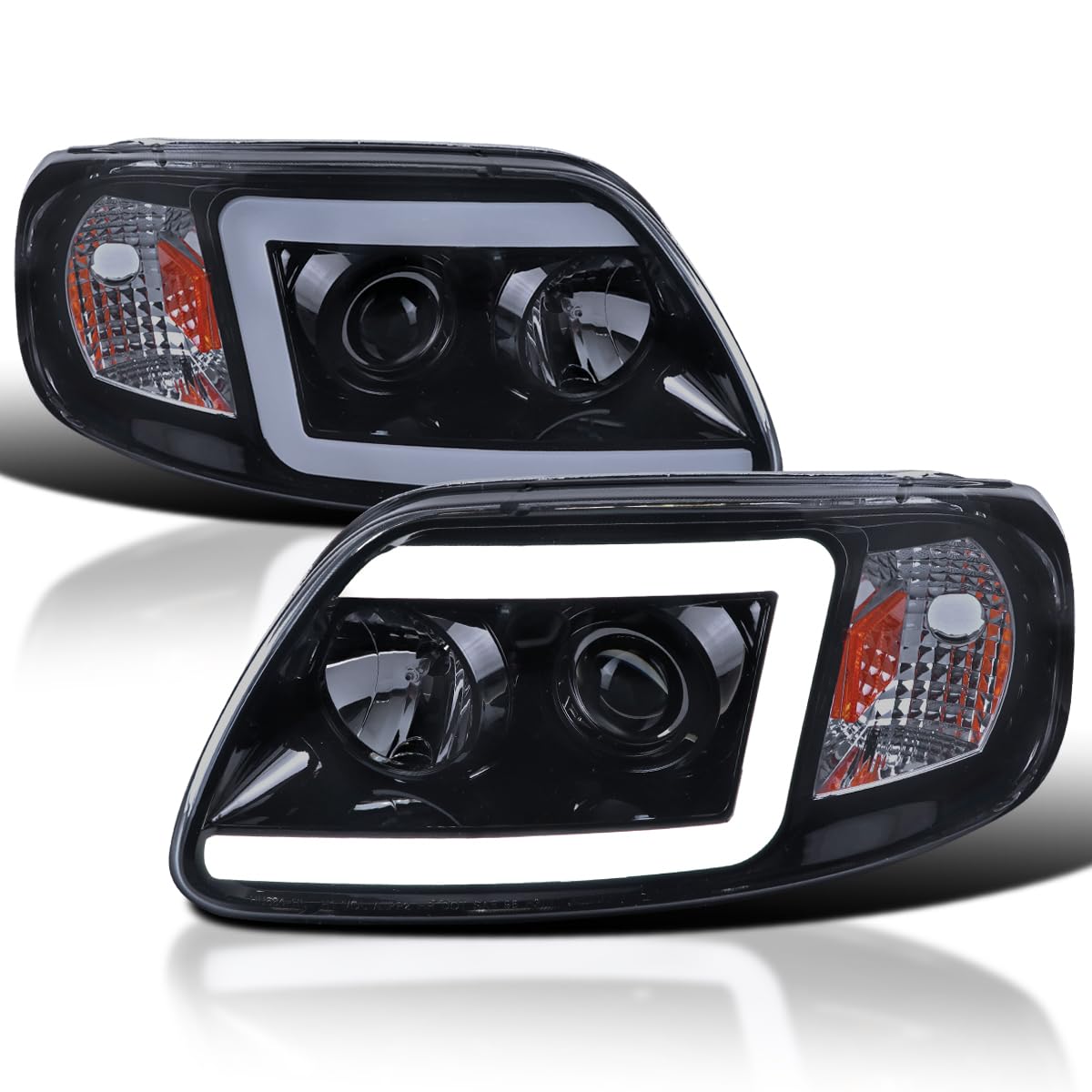 Glossy Black Smoke SPEC-D TUNING Projector Headlights w/LED Light Bar Compatible with 1997-2003 Ford F-150, 2004 Ford F-150 Heritage, Left + Right Pair Headlamps Assembly