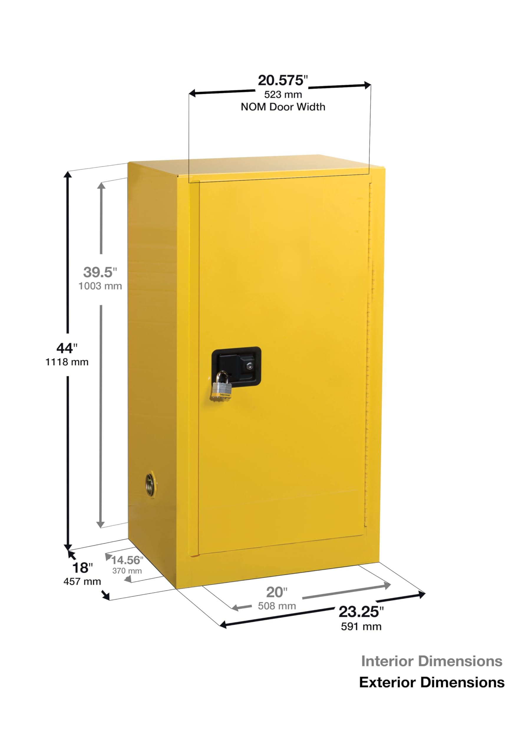 Justrite 15 Gallon Flammable Storage Cabinet Self Close Countertop, 18 Gauge Steel, 1 Shelf, 1 Door Fire Cabinet, 44" x 23" x 18", Made in The USA, Yellow, 891520