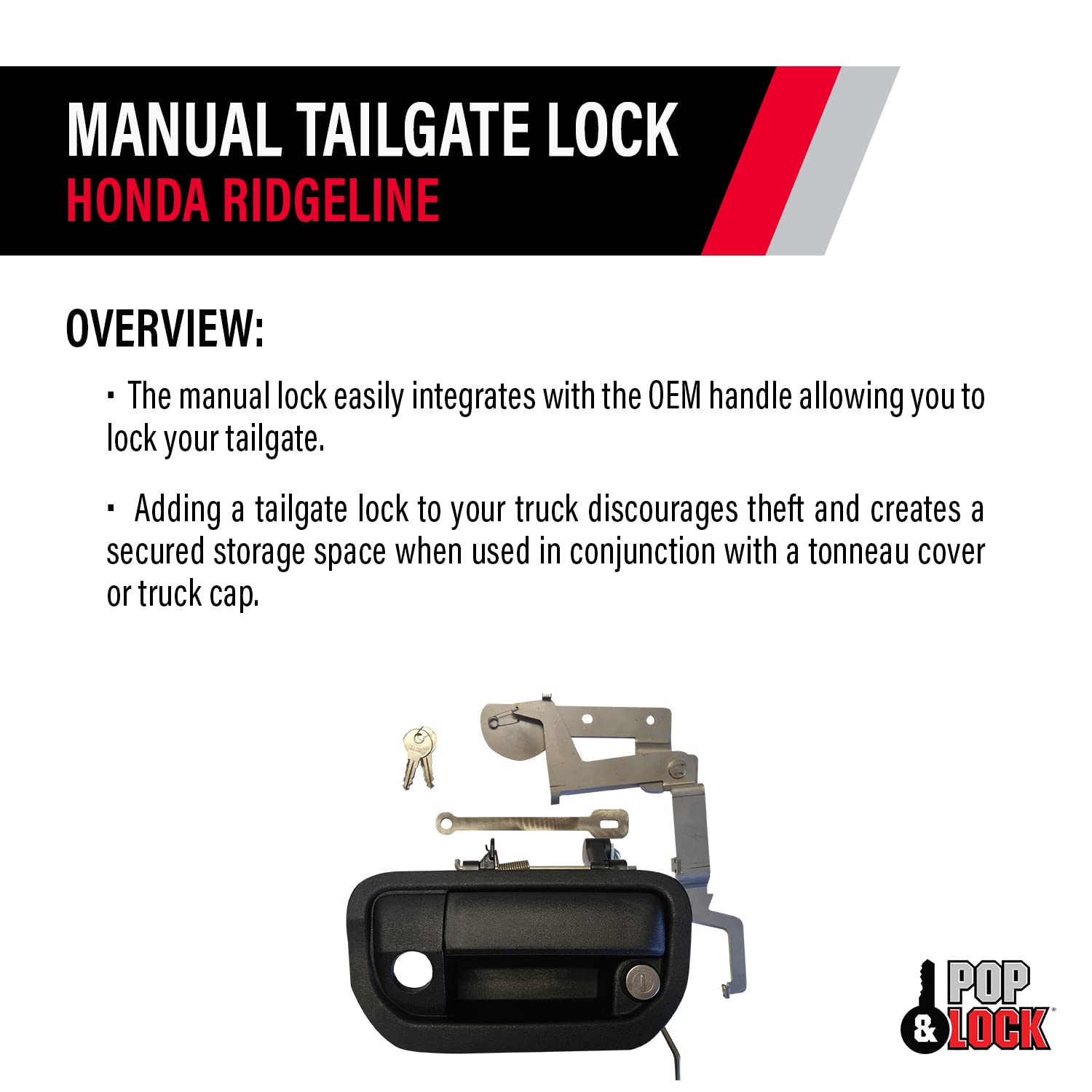 Manual Add-On Tailgate Lock Kit POP & LOCK – for Honda Ridgeline, Fits 2017 to 2019 (Black, PL6250, Must have a PL8600 Installed)