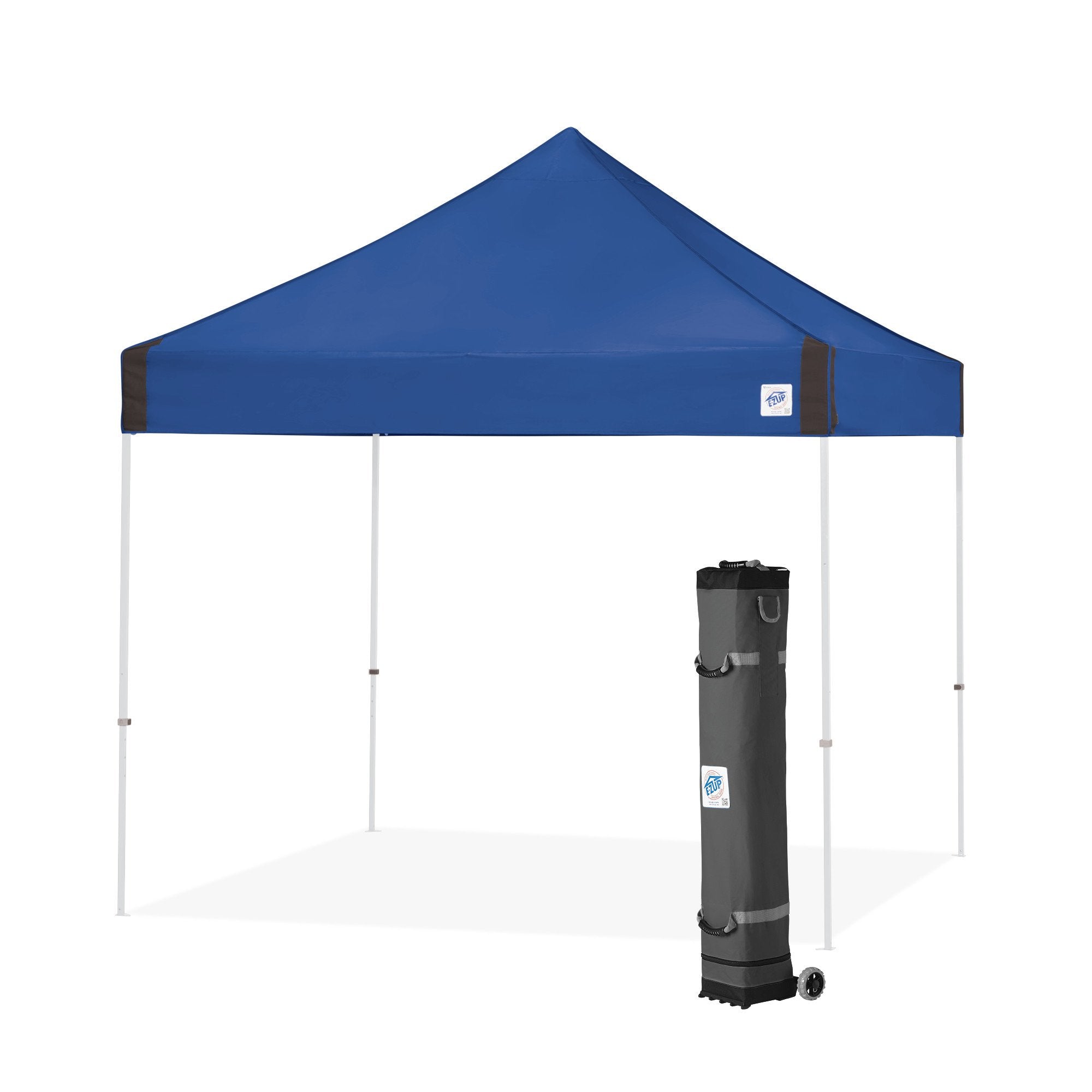 E-Z UP Instant Shelter Vantage Canopy, 10' x 10', White Powder-Coated Steel Frame with Wide-Trax Roller Bag & 4 Piece Spike Set, Blue