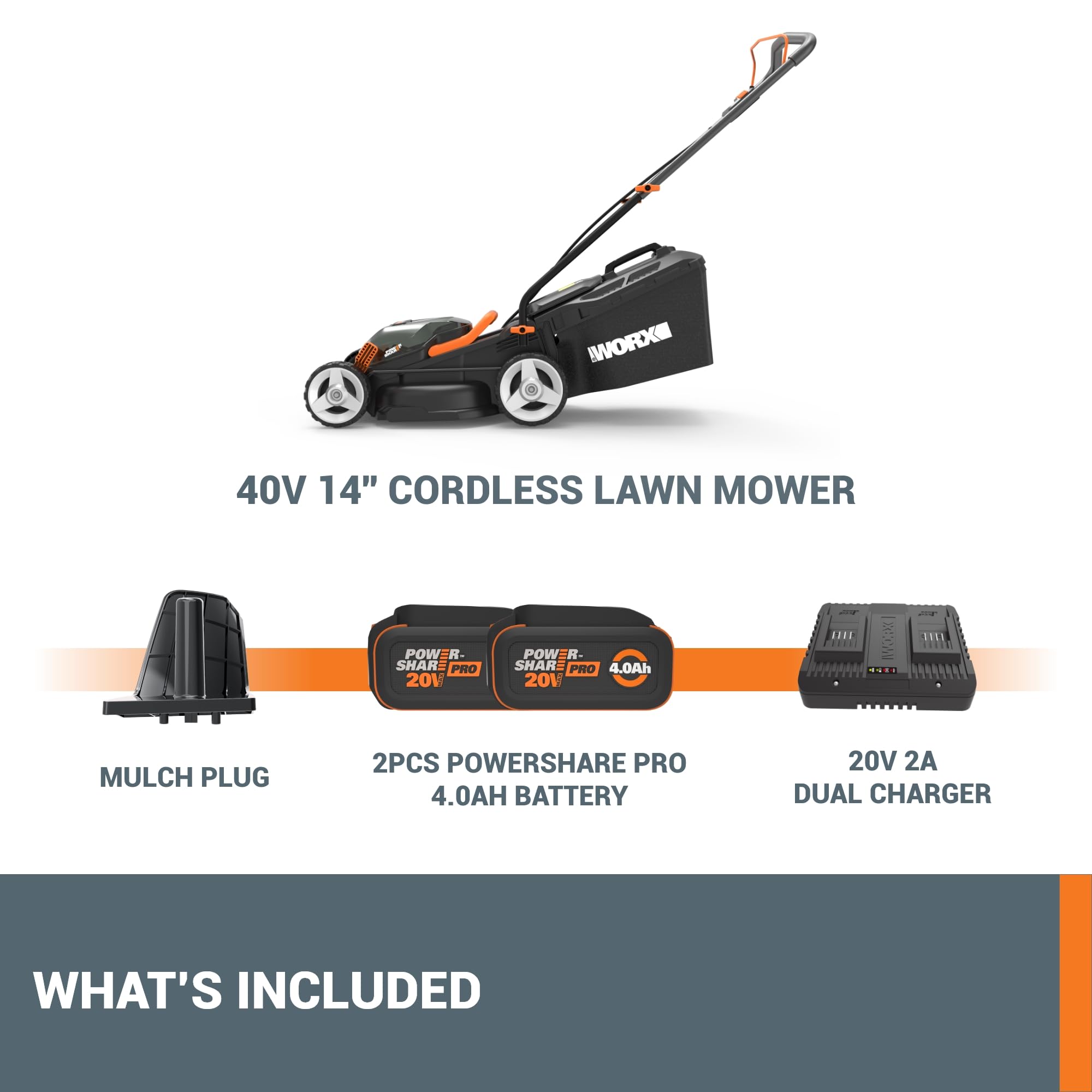 14" WORX Cordless Lawn Mower, 2 in 1 Electric Mower Cuts Quietly, Compact & Lightweight Push Lawn Mower with 6-Position Height Adjustment for Small Yards, 2 Batteries & Charger Included, WG779