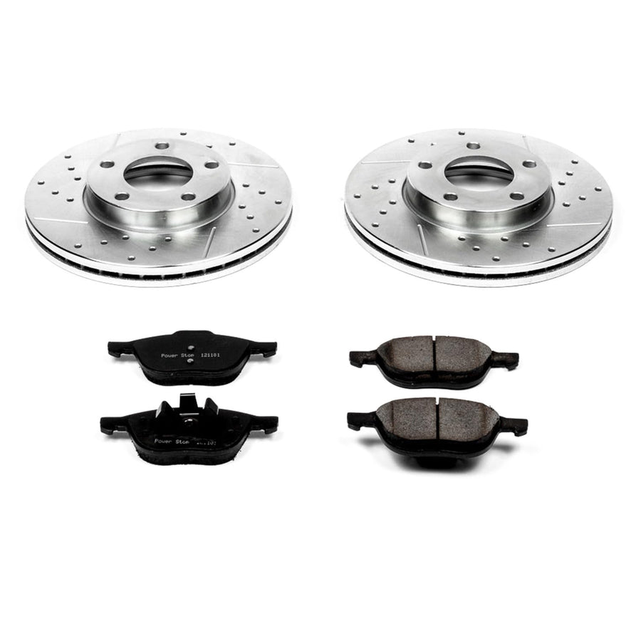 Power Stop K120 Z23 Front Carbon Fiber Brake Pads with Drilled & Slotted Brake Rotors Kit For Mazda 3 2004-2013 [Model Specific]