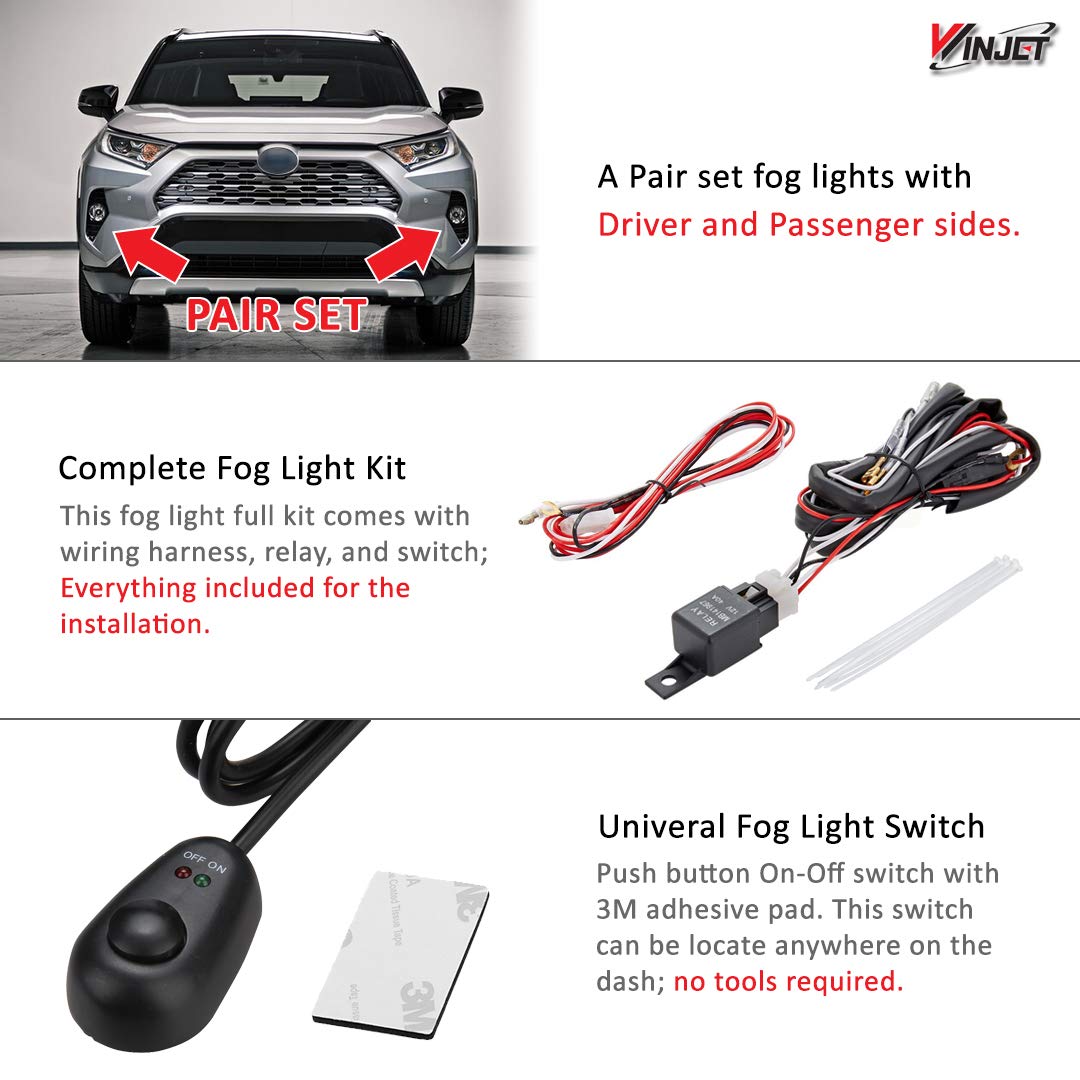 Fog Lights Assembly Winjet Fit For 2019 2020 2021 2022 2023 2024 2025 Toyota RAV4, Driver & Passenger Driving Fog Lamps Replacement w/ H11 Halogen Bulbs (Black Housing Clear Lens)