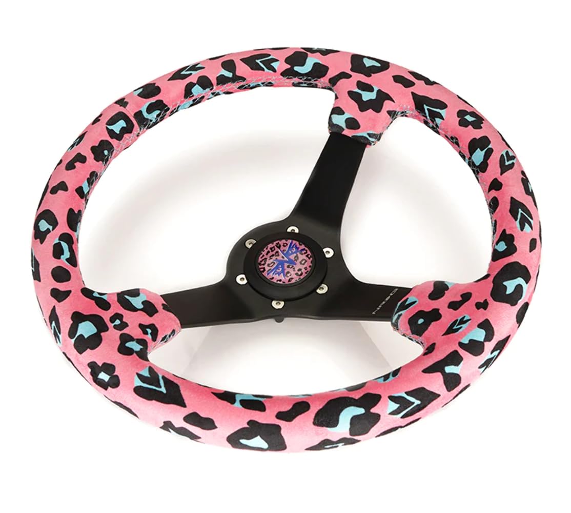NRG Innovations Reinforced NRG-RST-036MB-SV-PK Sport Steering Wheel 350mm (3' deep) Savage Pink Leopard Printed Micro Fiber Vegan Material with Matte Black Spoke