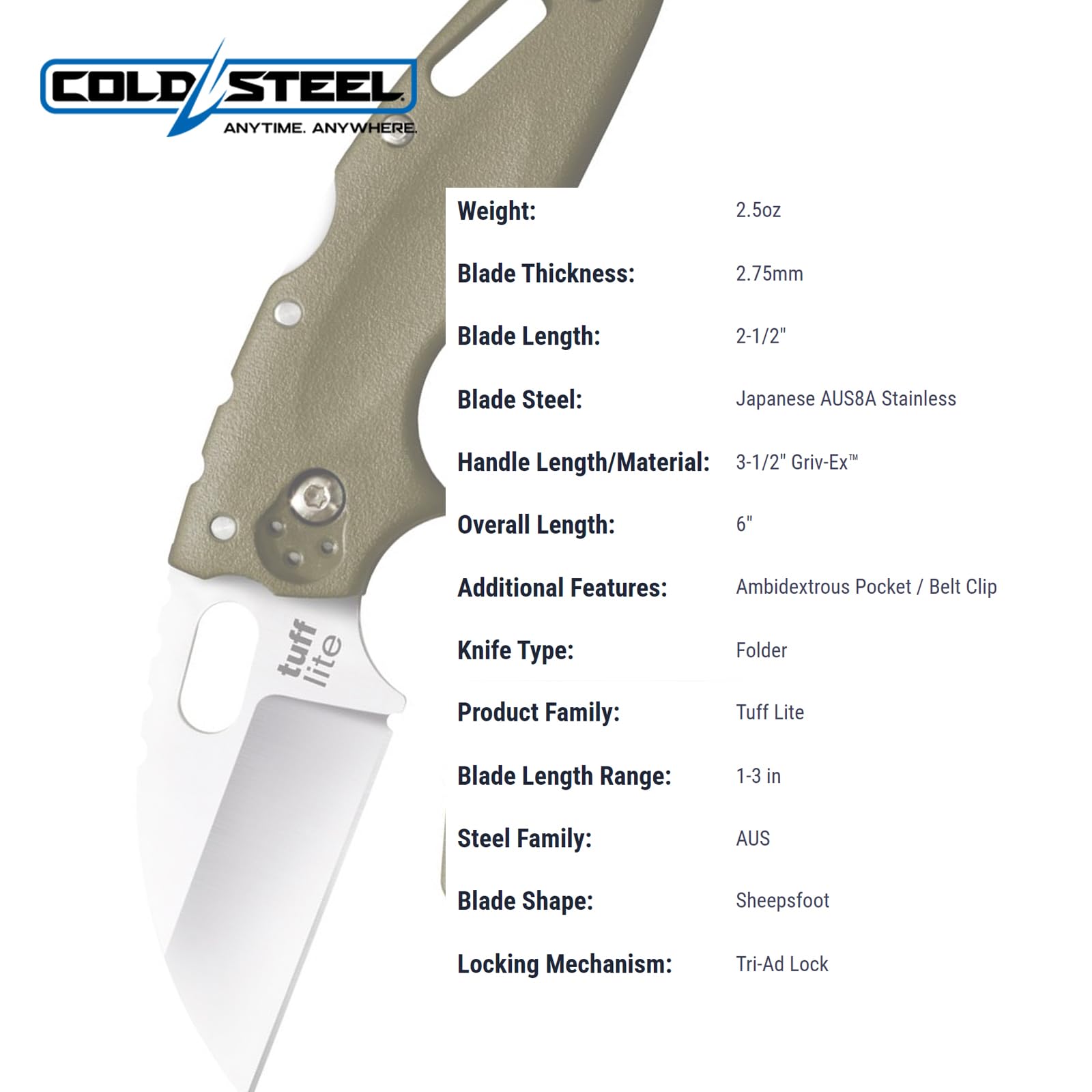 Tuff Lite Cold Steel 2.5" AUS8A Sheepsfoot Razor-Sharp Plain Blade 3.5" Griv-Ex OD Green Handle Pocket Folding Knife, Boxed