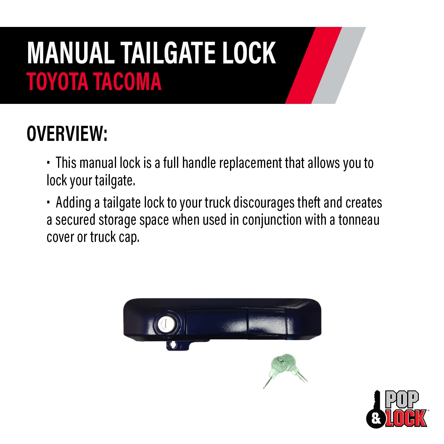 Manual Tailgate Lock for Toyota Tacoma – Pop & Lock, Fits 2005 to 2015 Models (Barcelona Red, PL5501, Standard Lock)