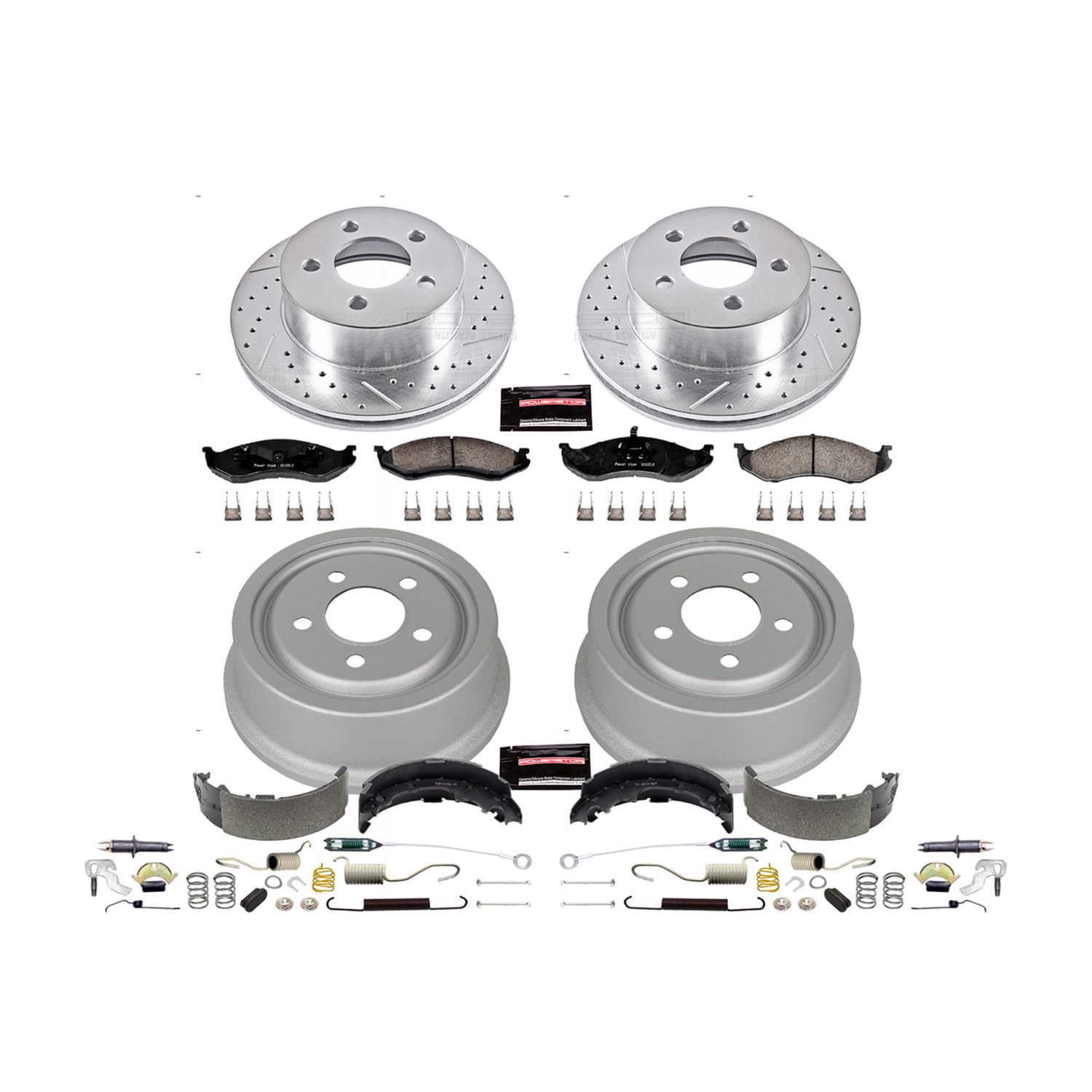 Power Stop K15075DK Z23 Carbon Fiber Brake Pads Front and Rear with Drilled & Slotted Brake Drums Kit For Jeep Cherokee 1999-2001, Jeep Wrangler 1999-2000 [Model Specific]